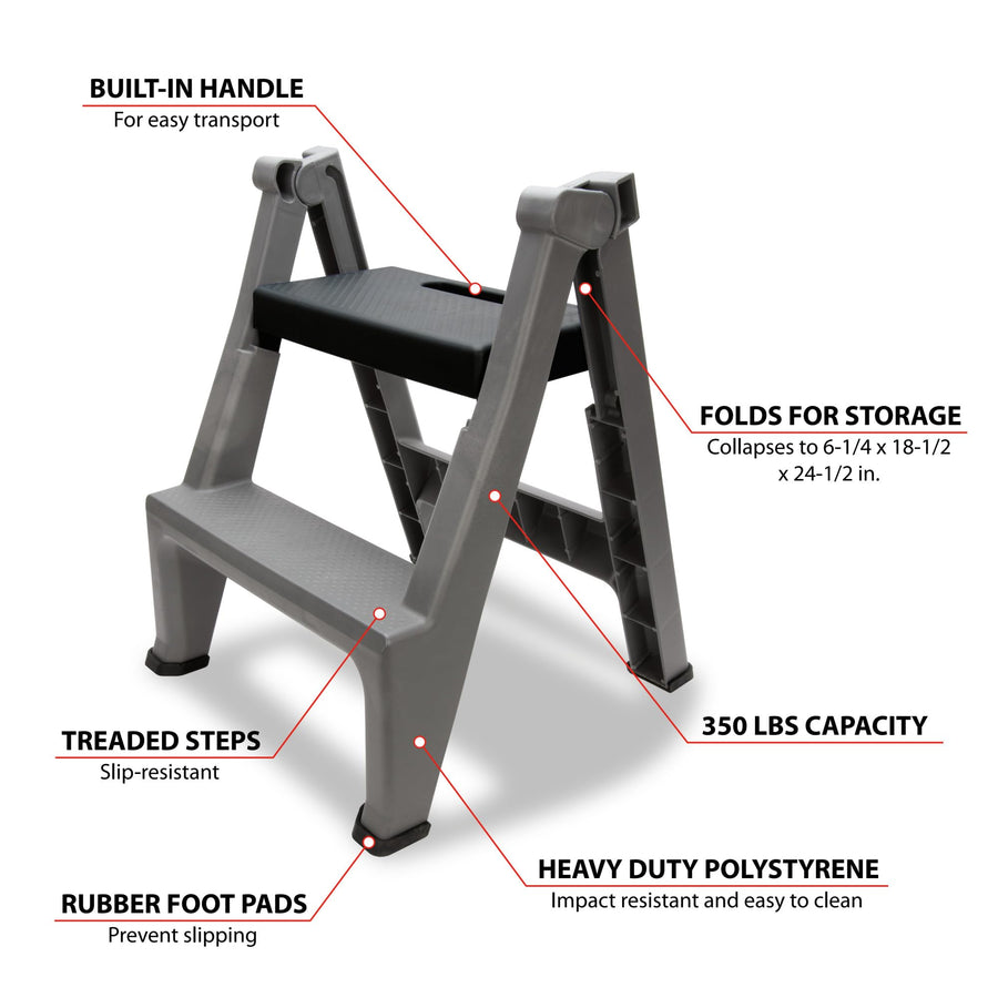 Heavy Duty Performance Tool W85040 2-Step Folding Ladder, 300lb Weight Capacity, Slip-Resistant Tread and Compact Foldable Design for Easy Storage