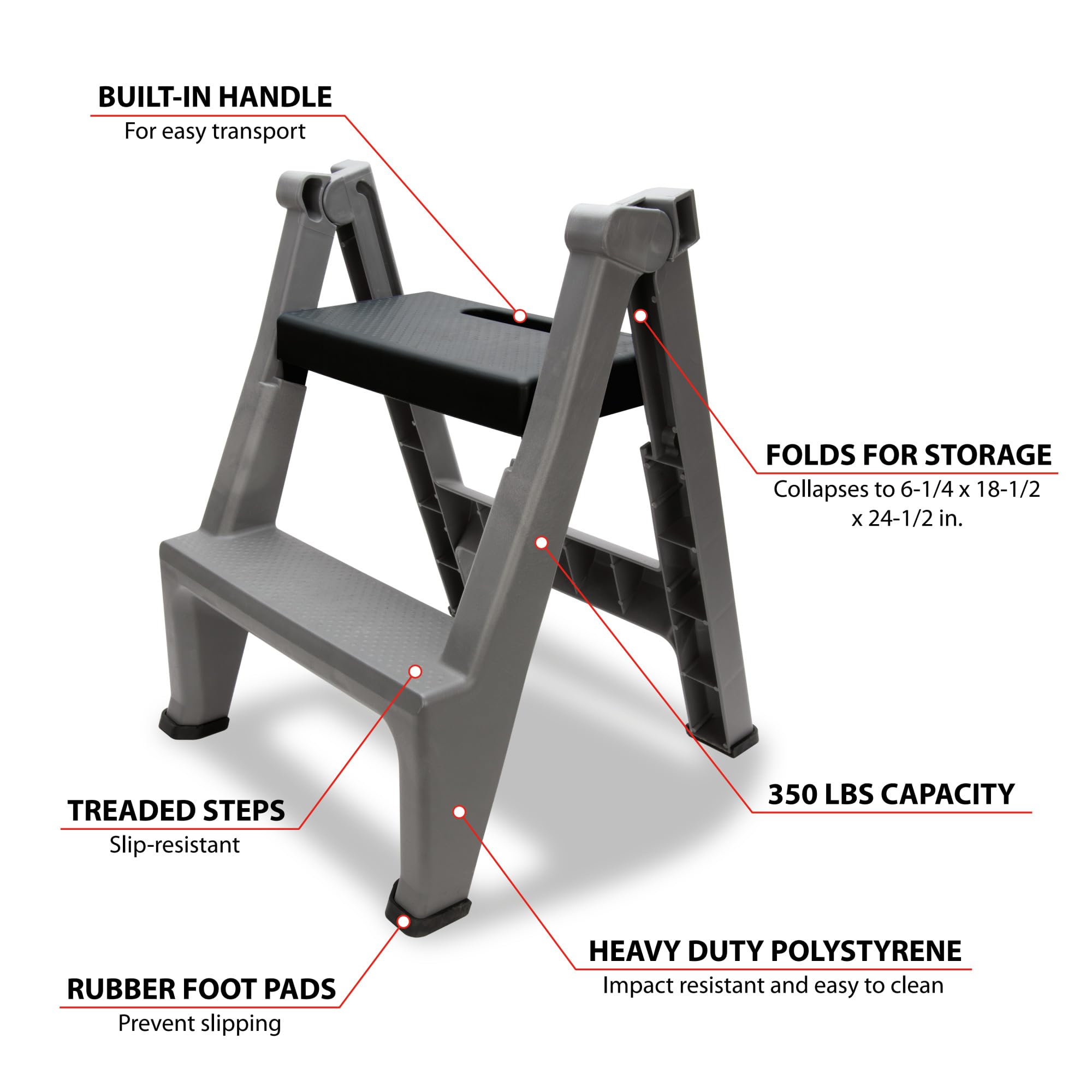 Heavy Duty Performance Tool W85040 2-Step Folding Ladder, 300lb Weight Capacity, Slip-Resistant Tread and Compact Foldable Design for Easy Storage