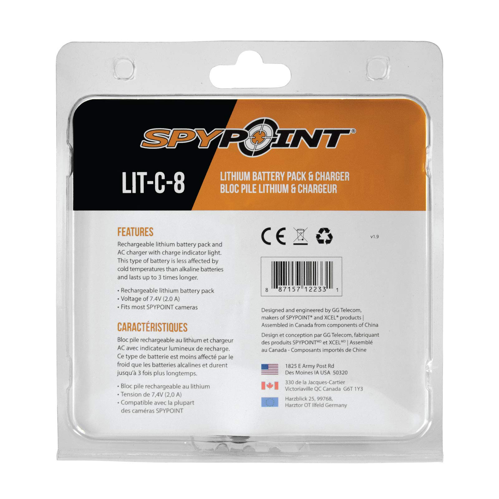 LIT-C-08 SPYPOINT Lithium Battery Pack Kit With 7.4V AC Charger For Camera Lithium Battery - Full Charge in 48 hours with charge indicator light included | Cell Cameras for Hunting Battery and Charger