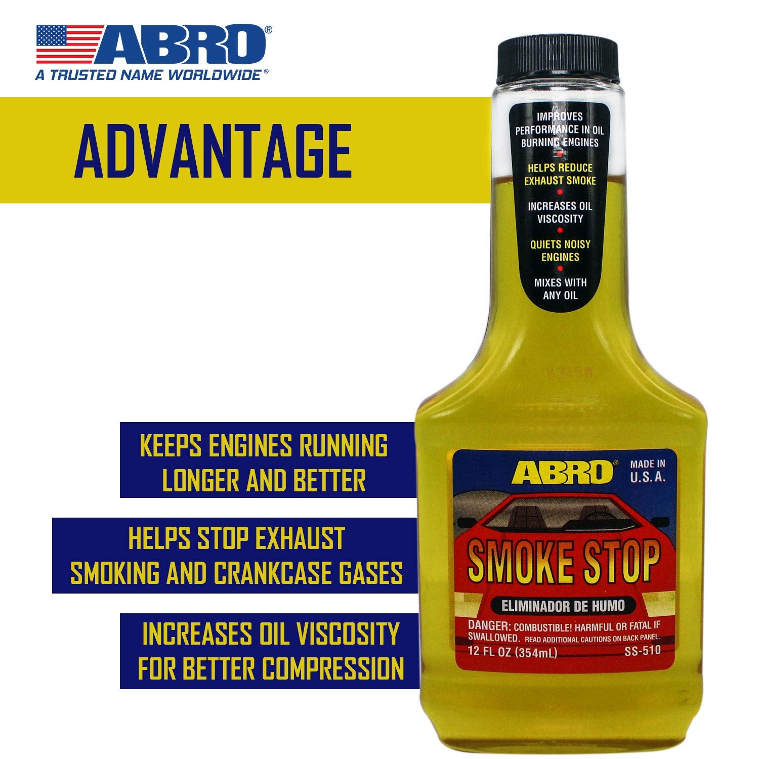 Smoke Stop ABRO, 12 Oz., Halt Exhaust Smoking & Crankcase Gases, Boost Engine Life, Increases Oil Viscosity for Better Compression, Reduce Smoke, Silence Engines, Mixes with Any Oil