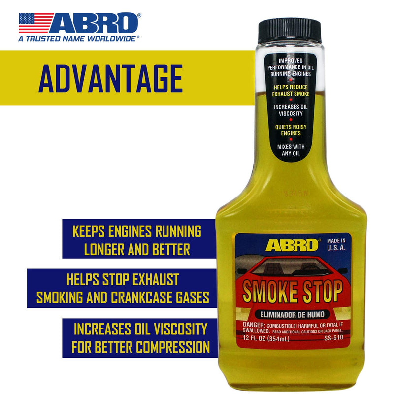 Smoke Stop ABRO, 12 Oz., Halt Exhaust Smoking & Crankcase Gases, Boost Engine Life, Increases Oil Viscosity for Better Compression, Reduce Smoke, Silence Engines, Mixes with Any Oil