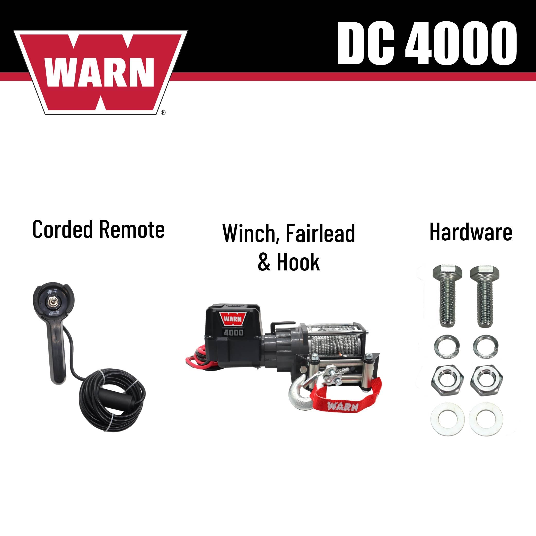 4000 WARN DC 12V Utility Winch with Wire Rope - 4000 lb Pulling Capacity, 50' Galvanized Steel Cable, Roller Fairlead, Wired Remote - 94000 Portable 12 Volt Winch for UTV, ATV, Truck, Trailer