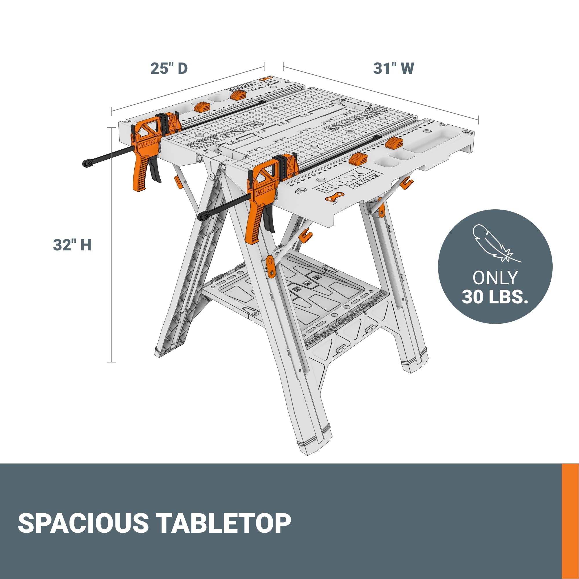 Worx 2-in-1 Pegasus Folding Work Table & Sawhorse, Easy Setup Portable Workbench, 31" W x 25" D x 32" H Lightweight Worktable with Heavy-Duty Load Capacity, WX051 - Includes 2 Clamps & 4 Clamp Dogs