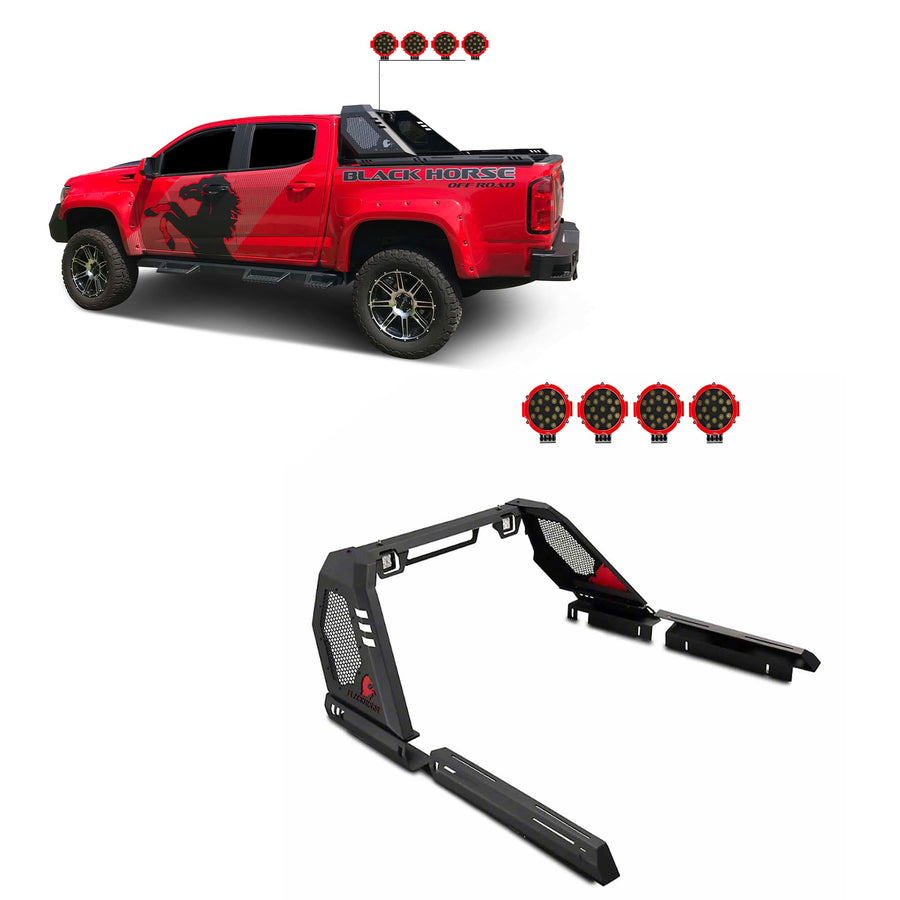 Vigor Roll Bar Black Horse Incl. Pair of 7.0" Dia. LED Lights w/Red Trim Rings Modular Black Compatible with 2015-2024 Chevrolet Colorado|2015-2024 GMC Canyon-VIRB05B-PLR