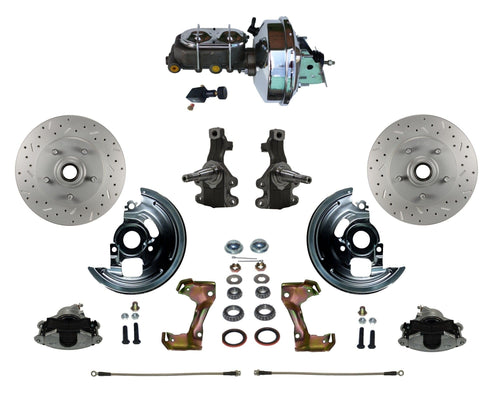 Power Brakes Leed Front Disc Brake Conversion Kit 2" Drop Spindle Cross Drilled And Slotted Rotors With 9" Chrome Booster Cast Iron Chrome Top M/C Adjustable Proportioning Valve