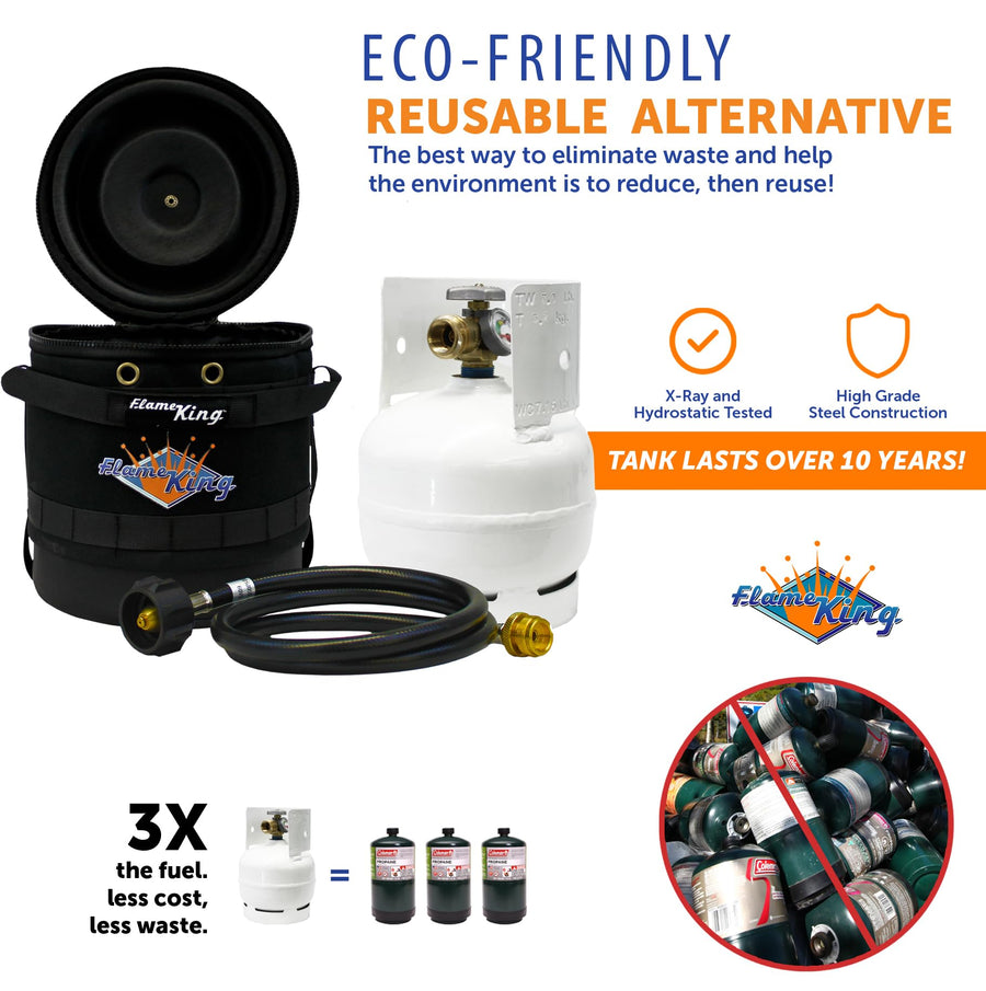 Gas Hauler Kit Flame King - Insulated Protective Carry Case, 3LB Propane Tank and Adapter Hose for Camping and Outdoor Adventures, Black/White