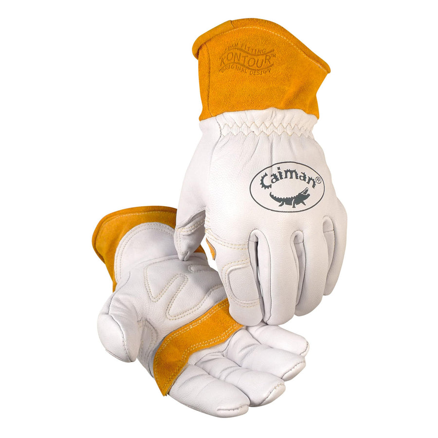 Caiman Goat Grain Premium TIG/MIG Welding Gloves, Wool Insulated Back, Scalloped Cuff, Boarhide Palm, White/Gold, Small (1871-3)