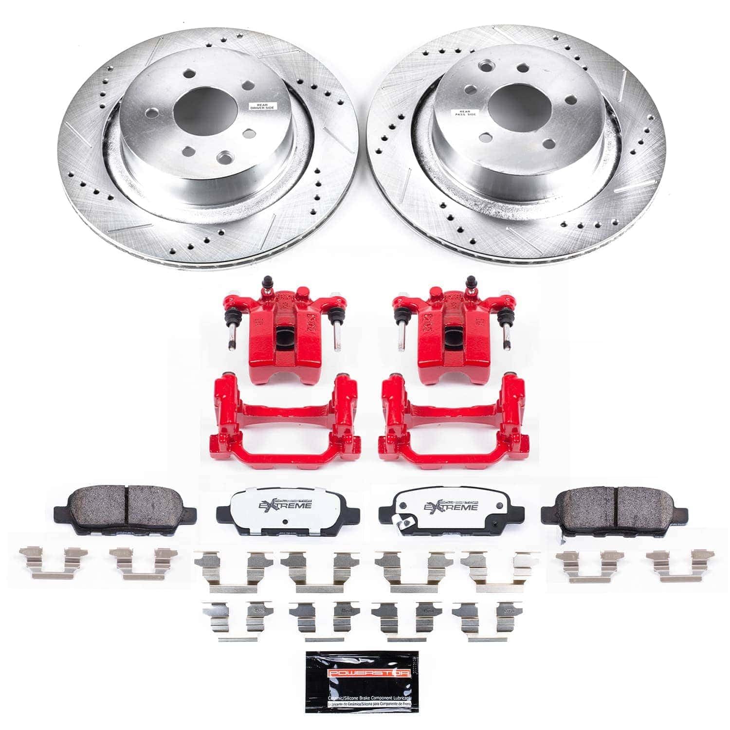 Rear Z26 Street Warrior Brake Pads and Rotors Kit POWERSTOP with Red Powder Coated Calipers For INFINITI Q60 2014-2015 [Vehicle Specific]