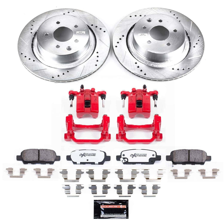 Rear Z26 Street Warrior Brake Pads and Rotors Kit POWERSTOP with Red Powder Coated Calipers For INFINITI Q60 2014-2015 [Vehicle Specific]