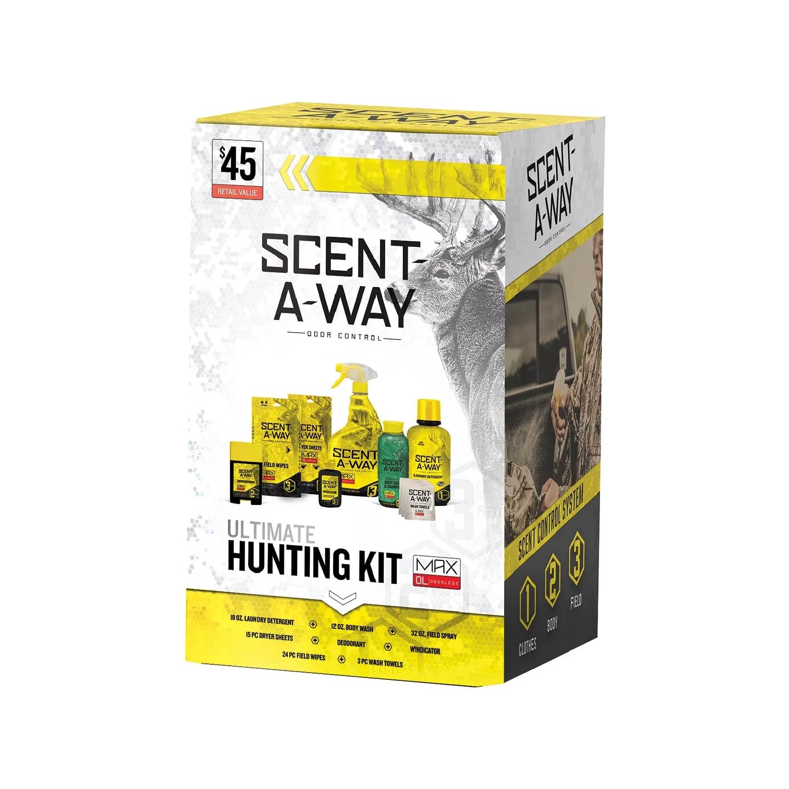 Hunters Specialties Ultimate Saw Max Odorless Hunting Kit - 18Oz Laundry Detergent, 15 Dryer Sheets, 12oz Shampoo, Antipersperant, 32Oz Field Spray, 24 Field Wipes, 3 Wash Towels, Windicator