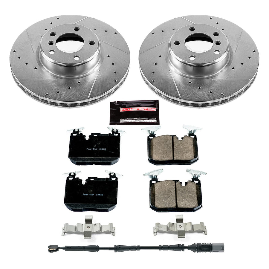 Power Stop K6653 Z23 Carbon Fiber Brake Pads Front with Drilled & Slotted Brake Rotors Kit and 1 Front Sensor Wire