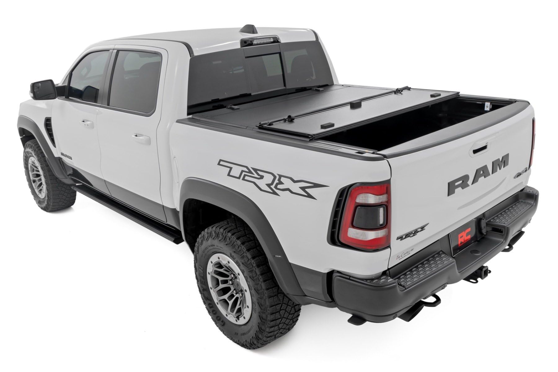 Rough Country Hard Tri-Fold Truck Bed Flip Up Tonneau Cover for Dodge Ram 1500 (2019-2025) TRX (2021-2025) - Flush Aluminum Bed Cover, Fits 5'7" (66.7") Bed