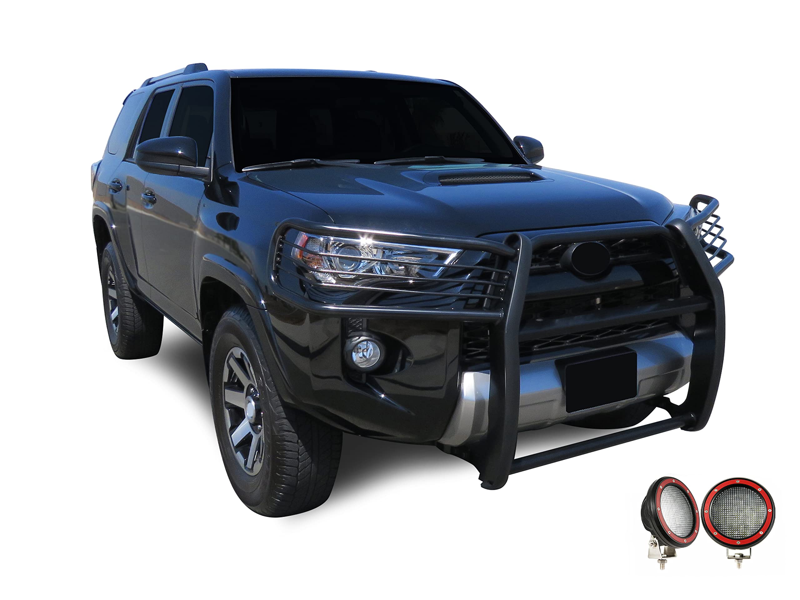 Bumper Guard Modular Black Black Horse Grille Brush Come with Pair of 5.3" Dia.LED Lights with Red Trim Rings Compatible with 2010-2024 Toyota 4Runner-17TU31MA-PLFR