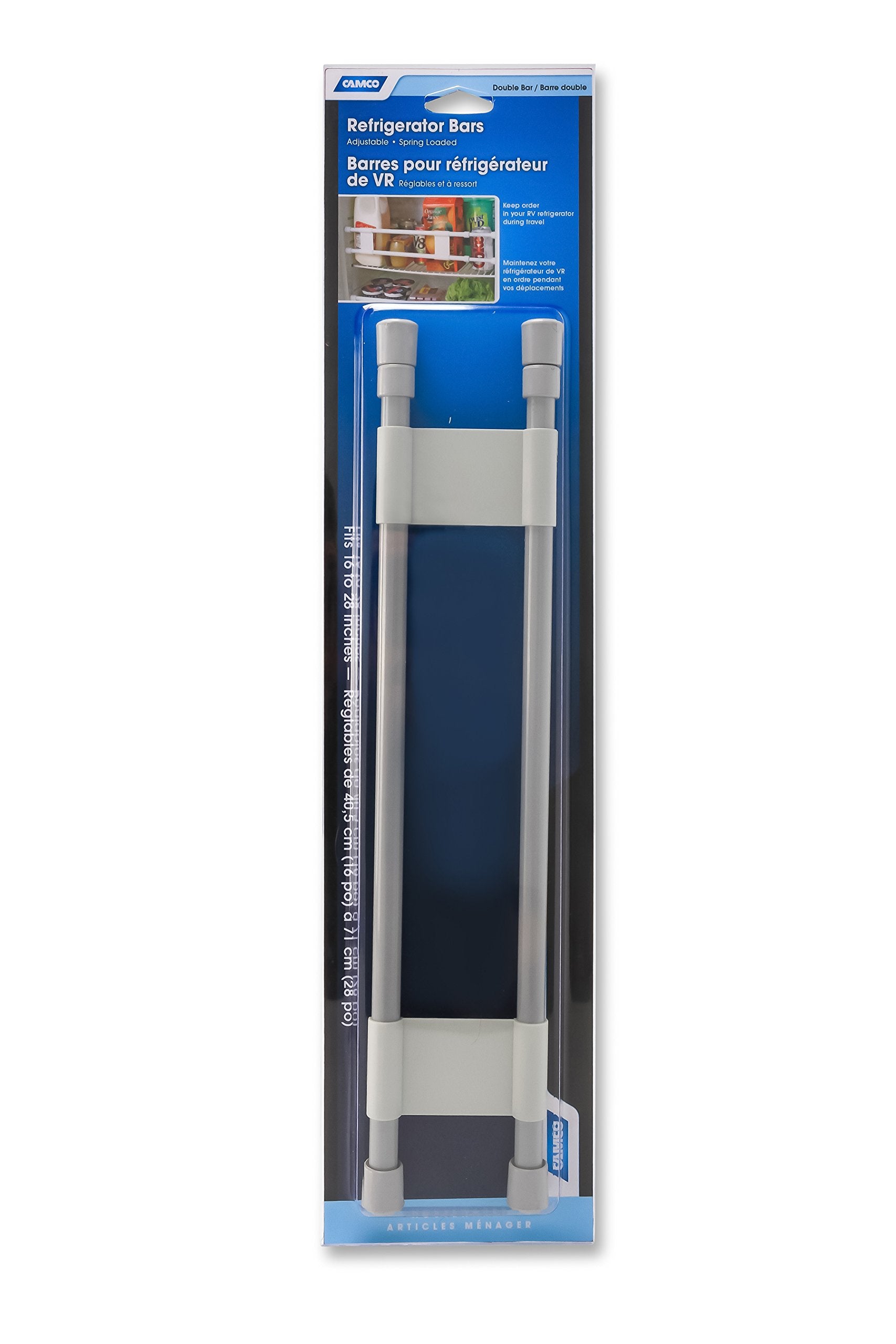 28" Camco Double RV Refrigerator Bar, Holds Food and Drinks in Place During Travel, Prevents Messy Spills, Spring Loaded and Extends Between 16" and 28" - Gray ( 44075)