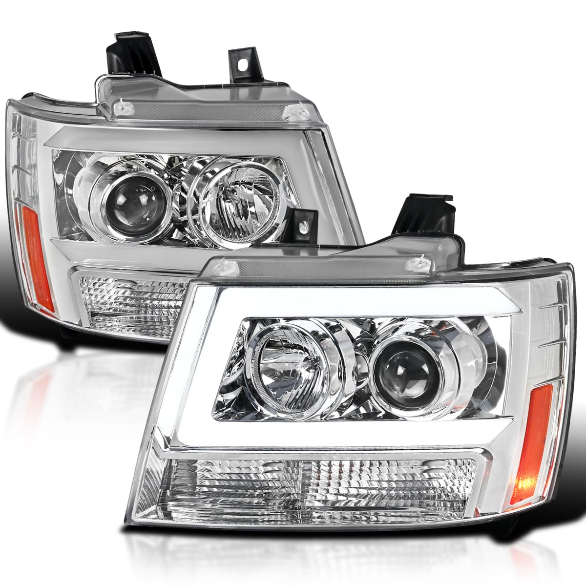 Chrome LED Bar Projector Headlights SPEC-D TUNING Compatible with 2007-2014 Chevy Avalanche, Tahoe, Suburban, Left + Right Pair Headlamps Assembly
