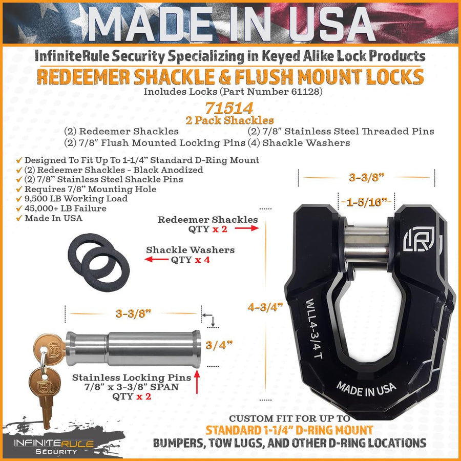 2 Pack, Redeemer D-Ring Shackle | 71514, Black Anodized Aluminum, Heavy-Duty for Use with Tow Strap for Off-Road Vehicle Recovery - Includes (2) Locking Pins for Redeemer Shackle