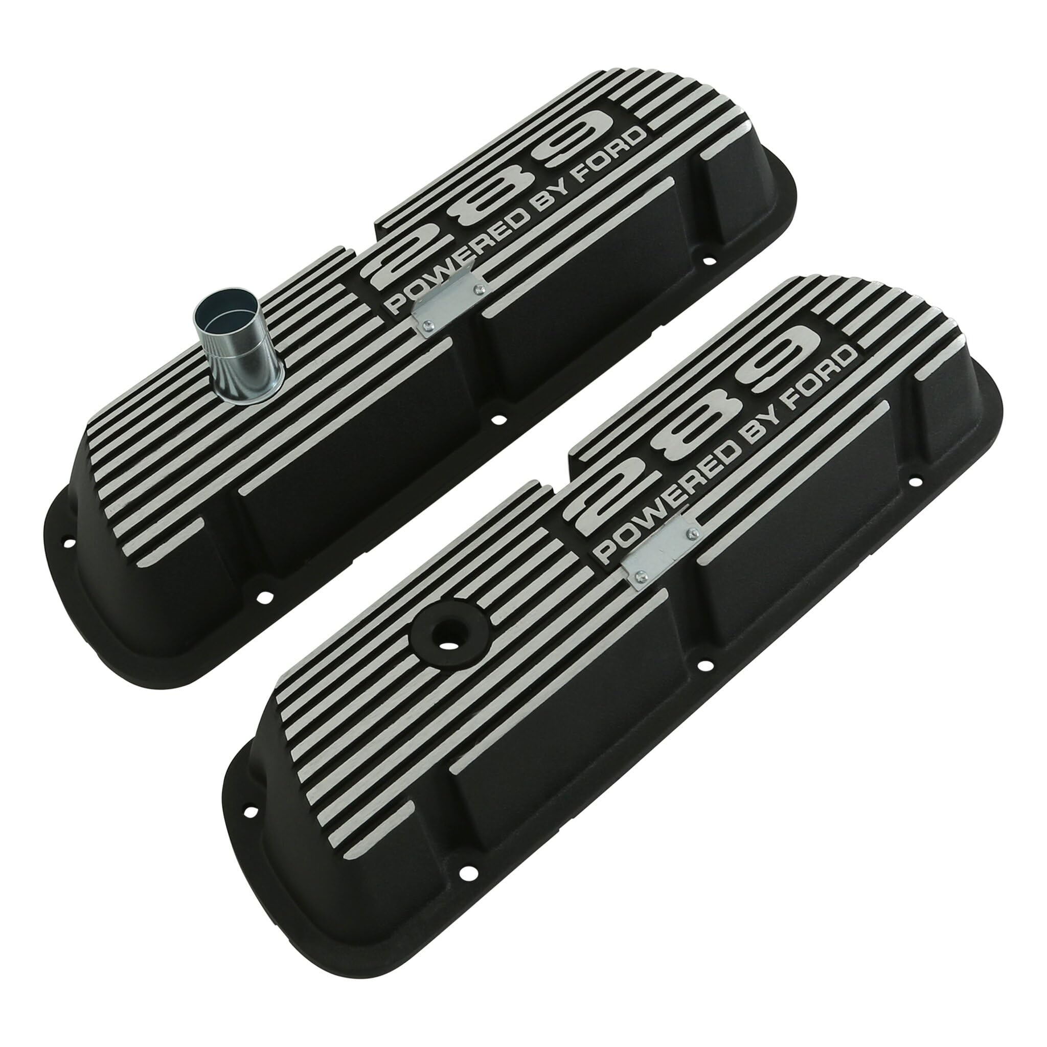 Aluminum Valve Covers Scott Drake with Official 289" "Powered by Ford Lettering in a Silver Powder Coated Finish, Compatible with 1964-1973 Ford Mustang, Model 6A582-289