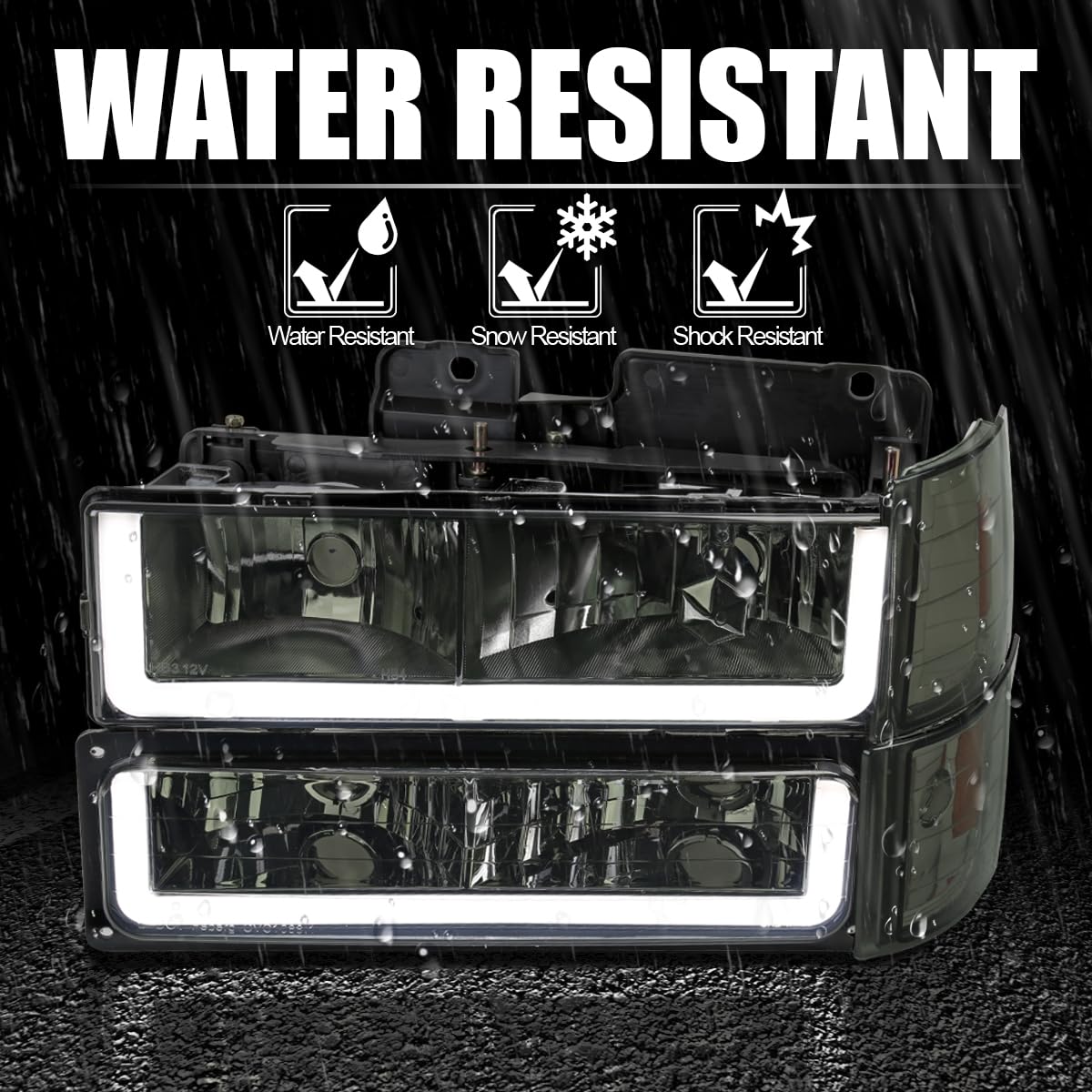 Smoke LED Bar Headlights + Bumper Lights + Corner Lights SPEC-D TUNING Compatible with 1994-1998 GMC C10 C/K Suburban Sierra, Left + Right Pair Headlamps Assembly