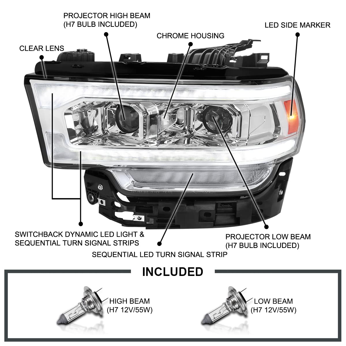 Dual Projector Headlights SPEC-D TUNING w/Sequential LED Turn Signal and Startup Animation Compatible with 2019-2024 Dodge Ram 2500, 3500, 4500, Left + Right Pair Headlamps Assembly