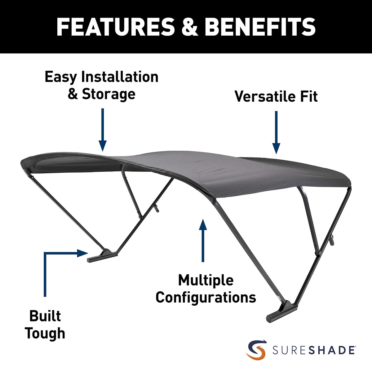 Power SureShade Pontoon Bimini Top - Black Anodized Frame, Black Fabric