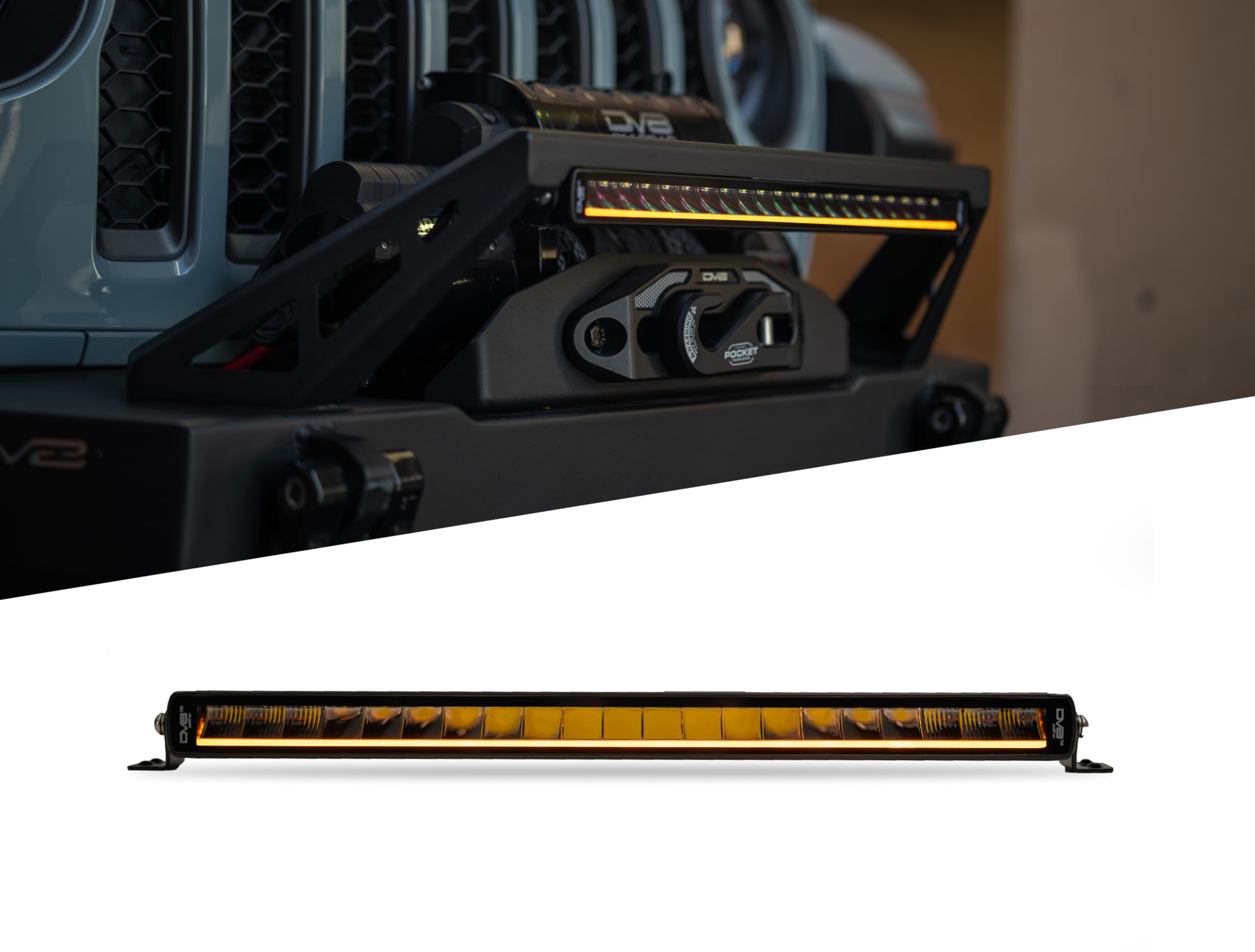 20-Inch DV8 Offroad Halo Elite Single Row Light Bar with Accent Light | Flood & Spot Pattern | Driving & Off-Road Modes | 8,820 Lumens | 5700K Main Light | Amber or Clear Accent