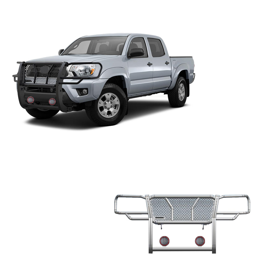 Heavy Duty Black Horse Rugged Grille Brush Bumper Guard Modular Black Come with Pair of 5.3" Dia.LED Lights with Red Trim Rings Compatible with 2005-2015 Toyota Tacoma-RU-TOTA05-B-PLFR