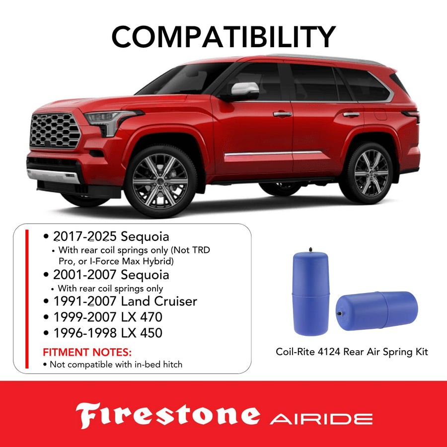 Firestone 4124 Airide Coil-Rite Rear Springs Kit fits 2017-2026 Sequoia with Rear Coil Springs Only | 5-35 PSI | 1,000 lbs Load Capacity | No Drill Installation | Made of Elastic Polyurethane