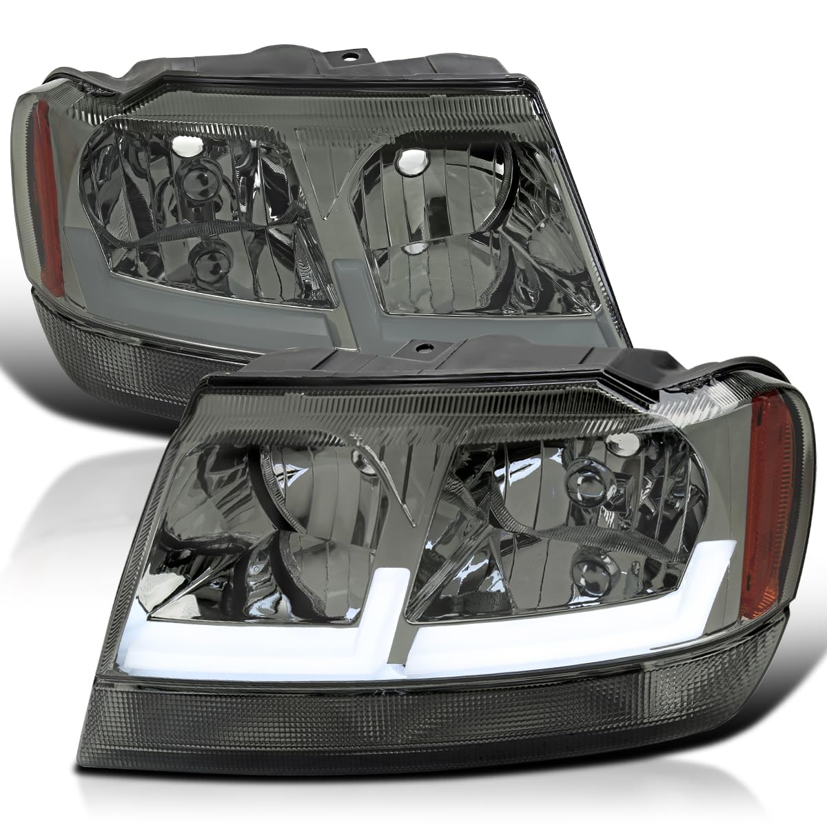 Smoke Headlights with Fiber Optic LED Strips SPEC-D TUNING Compatible with 1999-2004 Jeep Grand Cherokee, Left + Right Pair Headlamp Assembly