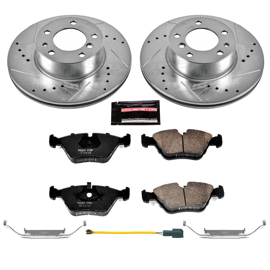 Power Stop K7334 Z23 Carbon Fiber Brake Pads with Drilled & Slotted Brake Rotors Kit For BMW 525i 1989, BMW 535i 1989 [Model Specific]