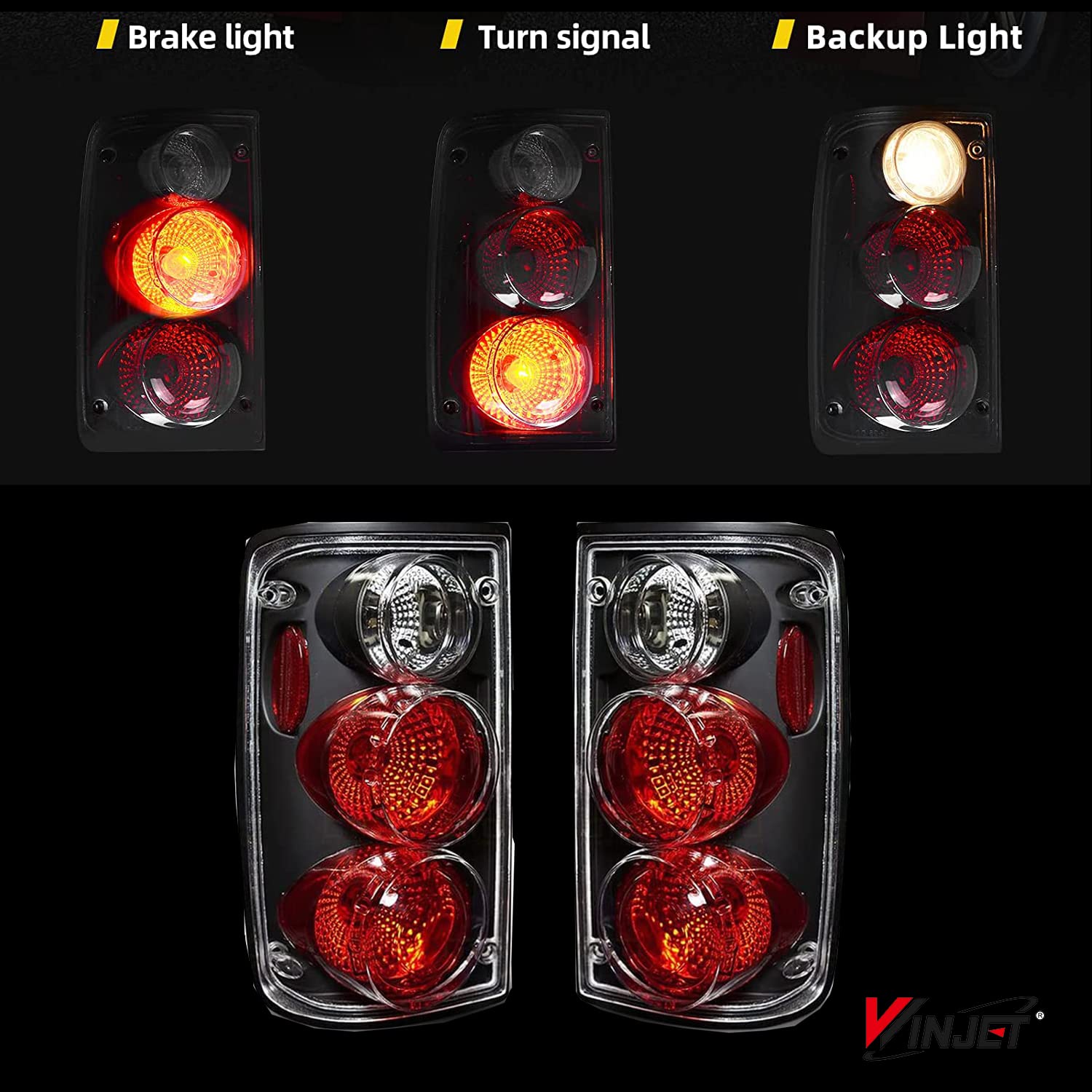 Taillights Assembly Winjet for 1989-1995 [1989 1990 1991 1992 1993 1994 1995] Pickup Truck Rear Lights Tail Lamps Include Turn Signal & Back UP & Brake/Running Light Bulb Black Housing/Clear Lens