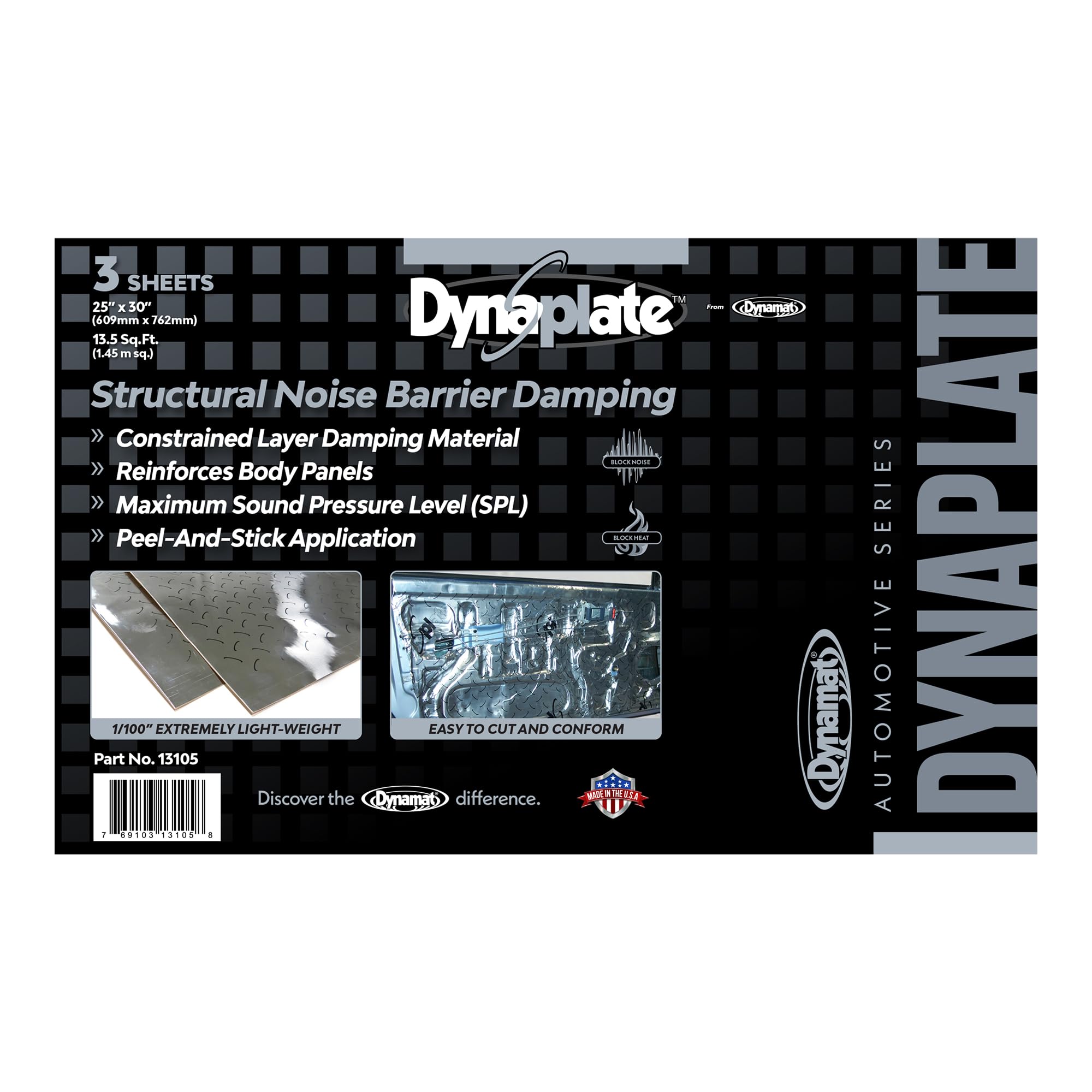 Dynamat Sound Dampening Material DynaPlate – Reinforces Body Panels for Maximum Sound Pressure Level & Reducing Vibration – Set of 3 Self-Adhesive Panels (24” x 30” Each), 15.6 sq ft of Coverage