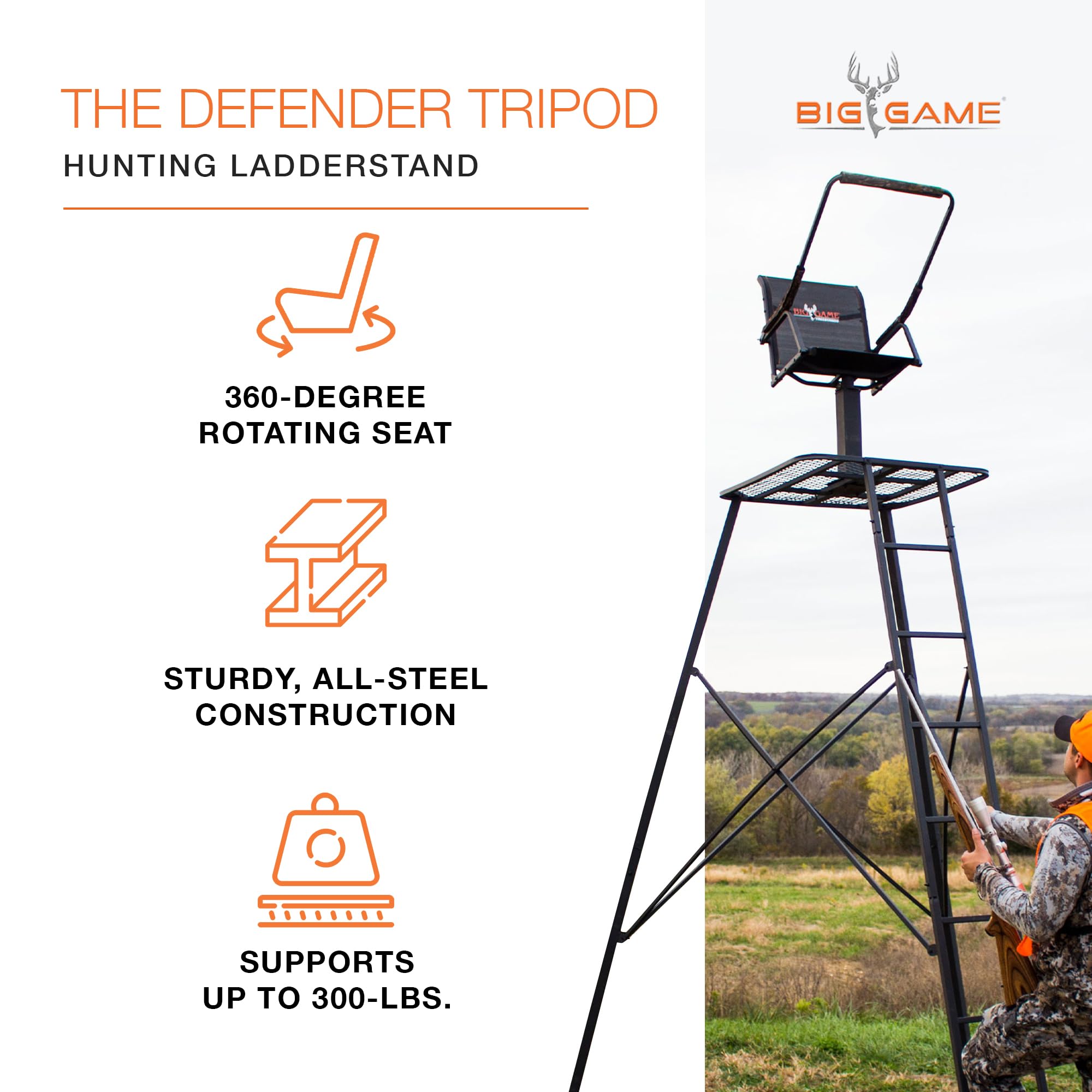 The Defender Big Game Tripod Stand, 1 Person Deer Hunting Climbing Ladder with Rotating Flex-Tek Seat and Shooting Rail, 12.5'