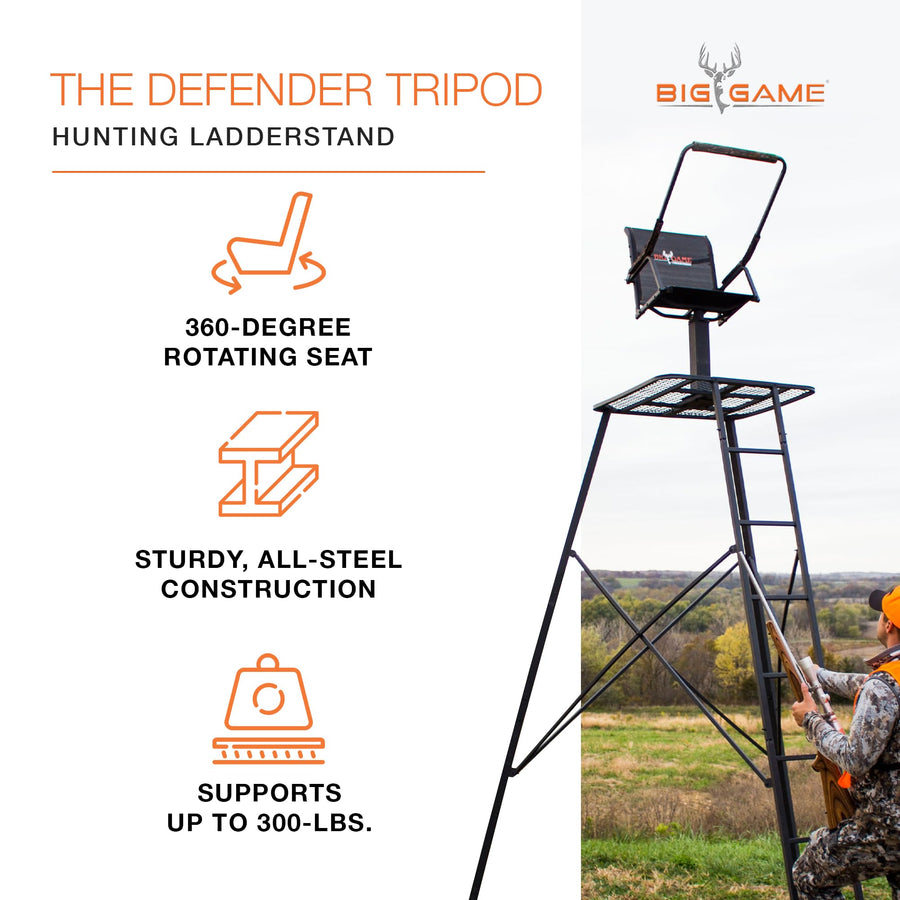 The Defender Big Game Tripod Stand, 1 Person Deer Hunting Climbing Ladder with Rotating Flex-Tek Seat and Shooting Rail, 12.5'