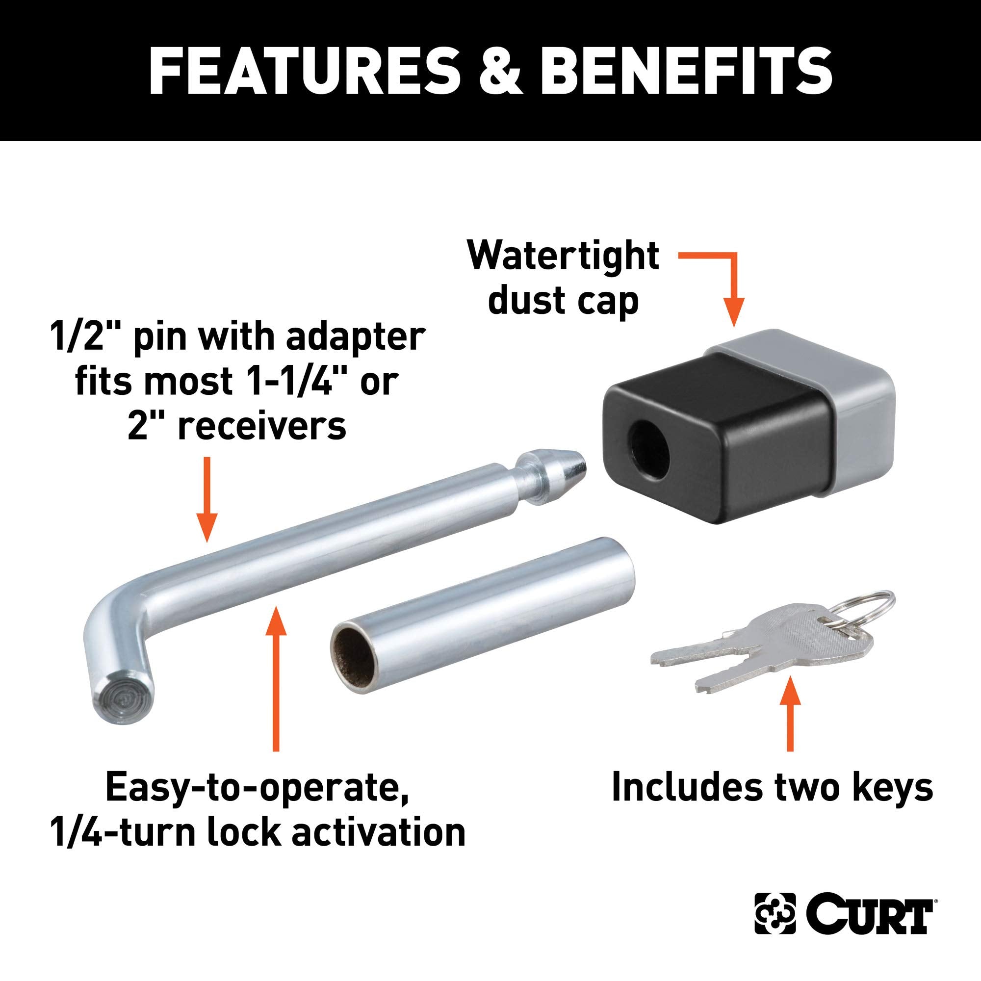 CURT Trailer Hitch Lock 23024, 1/2-Inch Pin Diameter, 5/8-Inch Adapter, Fits 1-1/4 or 2-Inch Receiver