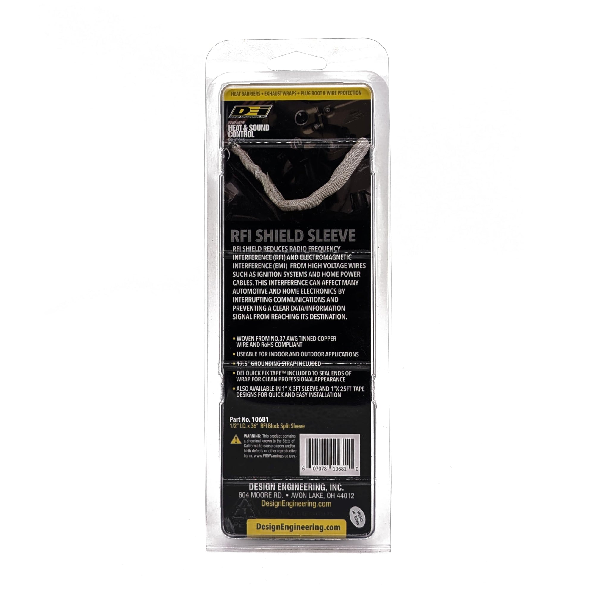 RFI Shield Split Sleeve DESIGN ENGINEERING 1/2"x36' | Tinned Copper Shielding, 17.5" Grounding Strap, Flexible, Durable