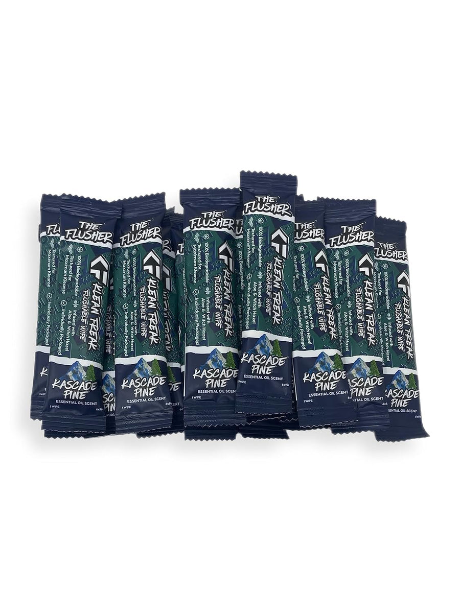100 Pack Wipes KLEAN FREAK FLUSHER For Adults & Kids Unscented/Scented - 100% BIODEGRADABLE Individual Wrapped Travel WET Wipe for Toilet - Kascade Pine