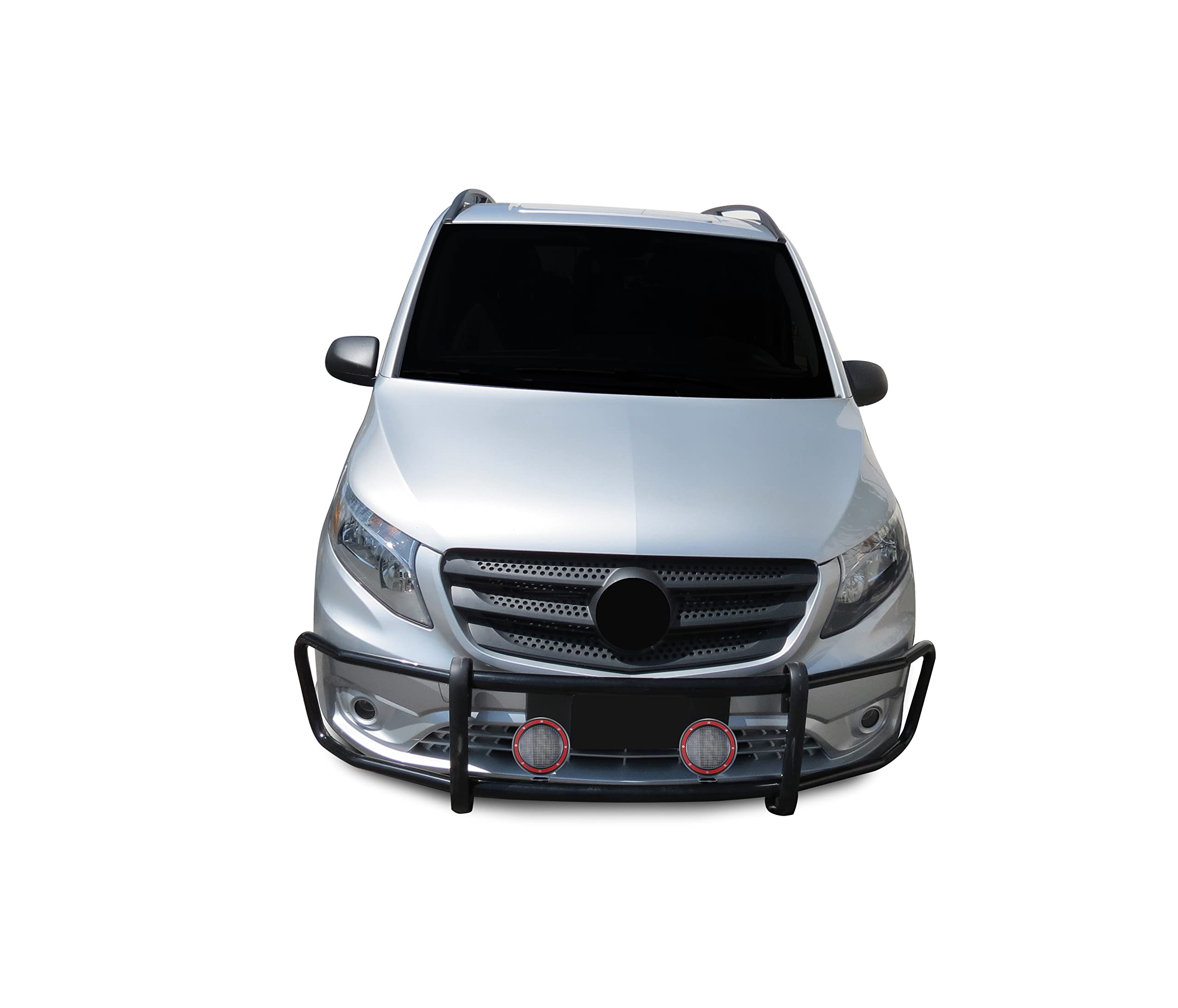 Spartan Black Horse Grille Brush Bumper Guard Modular Black Come with Pair of 5.3" Dia.LED Lights with Red Trim Rings Compatible with 2016-2023 Mercedes-Benz Metris-17MBMEMA-PLFR