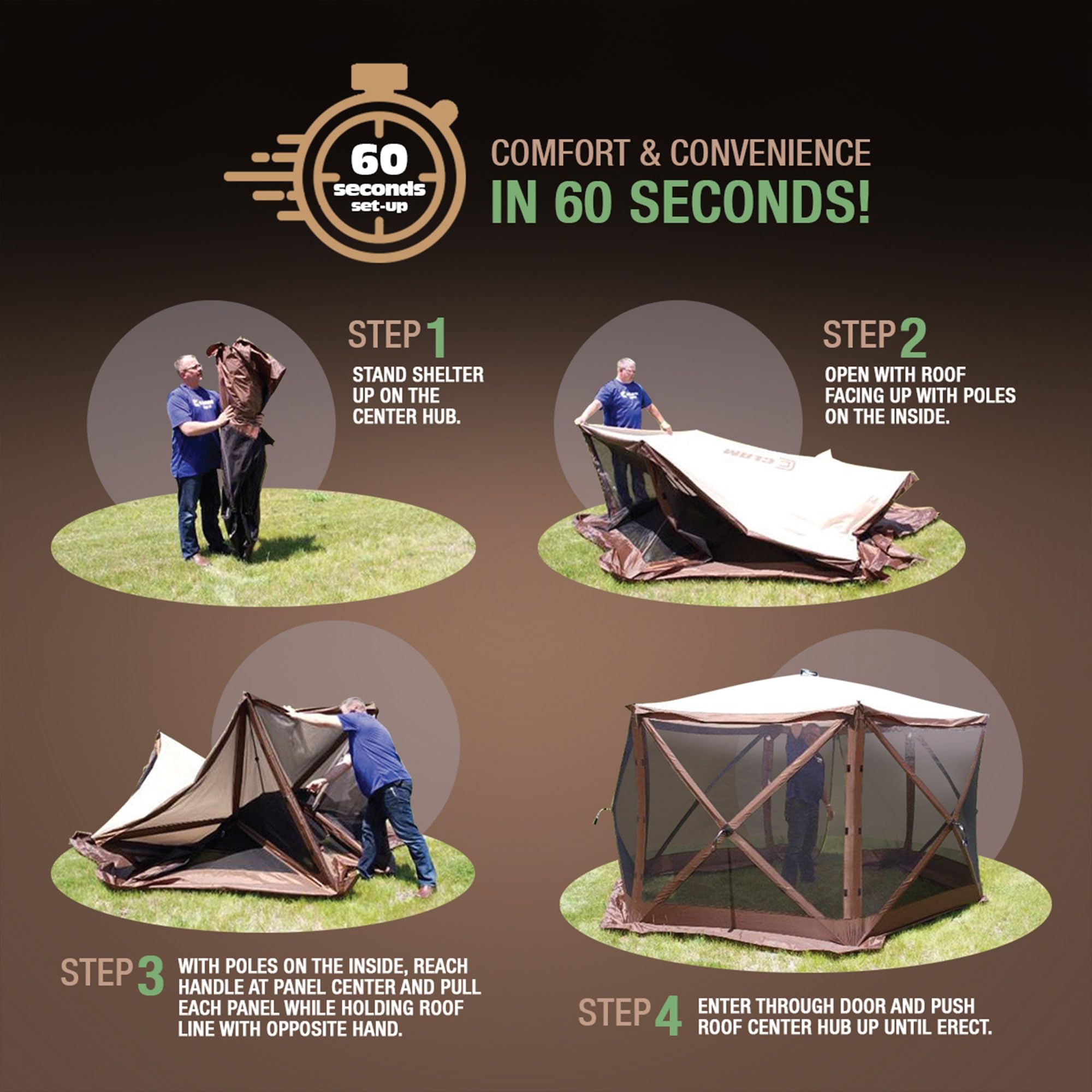 CLAM Large Pop Up Screen Tent, Outdoor Camping Gazebo Canopy, 12.5', Brown - Foldable and Portable Screened Shelter with Netting for Beach, Patio, and Backyard