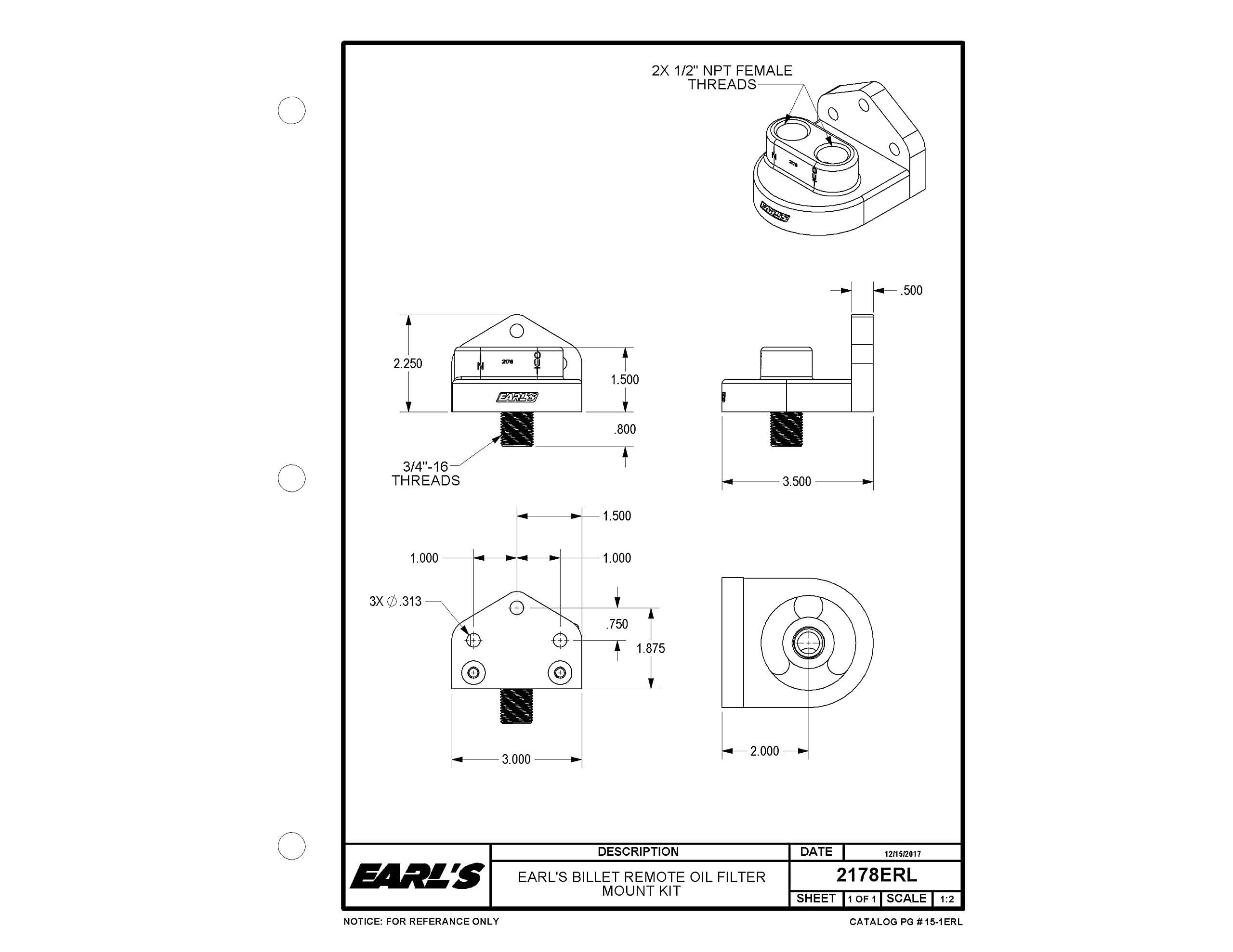 Billet Earl's 2178ERL Remote Oil Filter Mount Kit