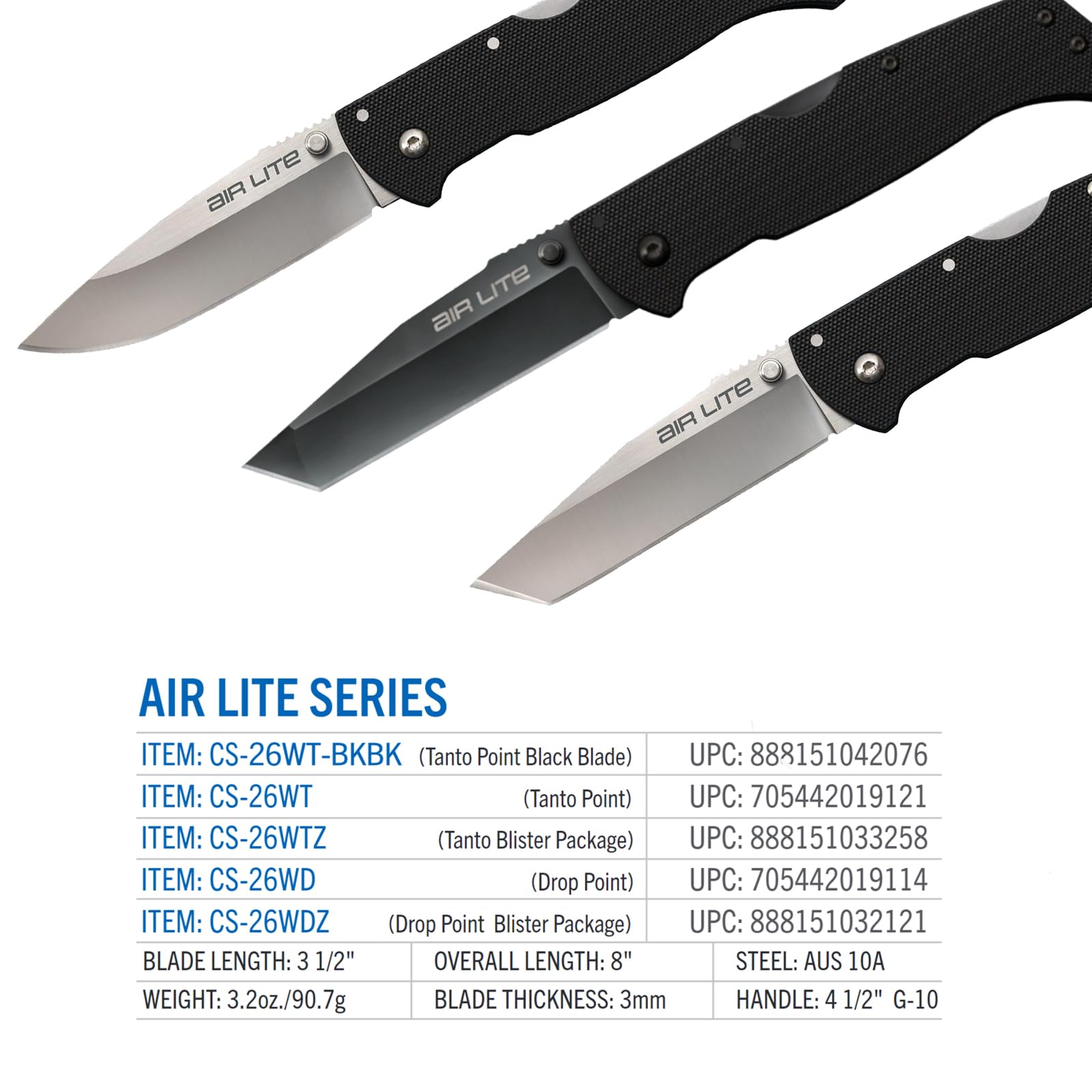 Air Lite Cold Steel 3.5" AUS10A Tanto Point Blade 4.5" G-10 Handle Everyday Carry Compact Pocket Folding Knife, Boxed
