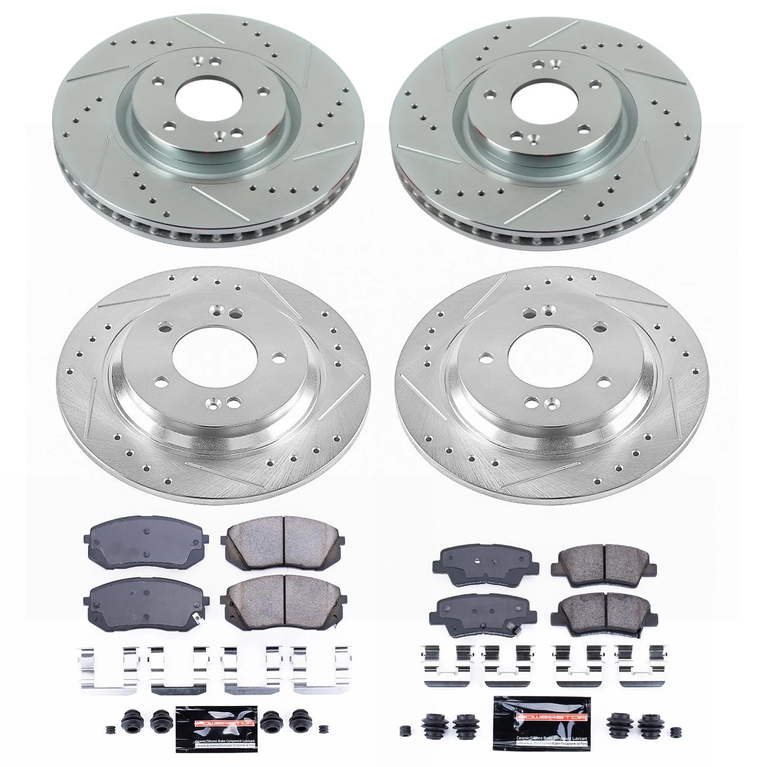 Power Stop K7114 Z23 Carbon Fiber Brake Pads Front and Rear with Drilled & Slotted Brake Rotors Kit For Hyundai Sonata 2015, Kia Cadenza 2014-2016 [Model Specific]