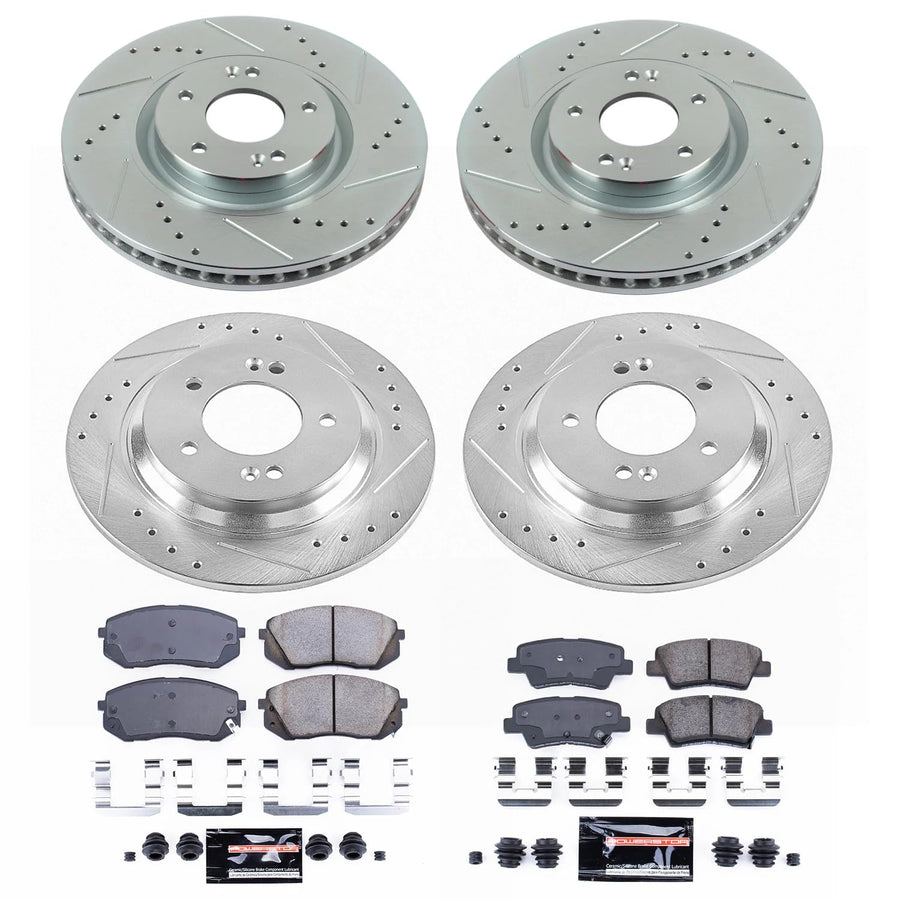 Power Stop K7114 Z23 Carbon Fiber Brake Pads Front and Rear with Drilled & Slotted Brake Rotors Kit For Hyundai Sonata 2015, Kia Cadenza 2014-2016 [Model Specific]