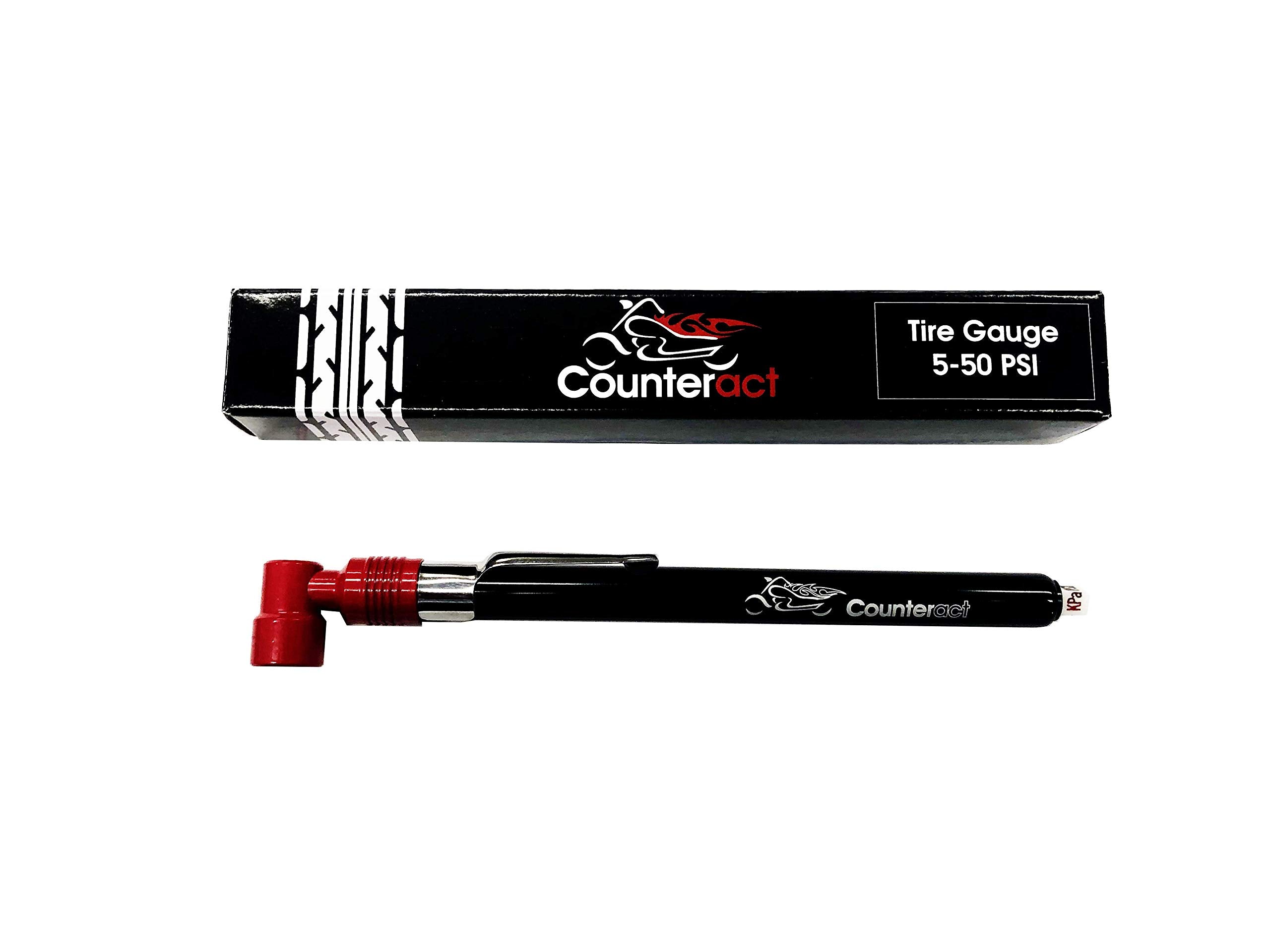 Counteract Analog Tire Air Pressure Gauge MKPG-D for Motorcycle and ATV Tires, 5-50psi, Red 90 Degree Head, Black Anodized Body, Durable Metal Construction