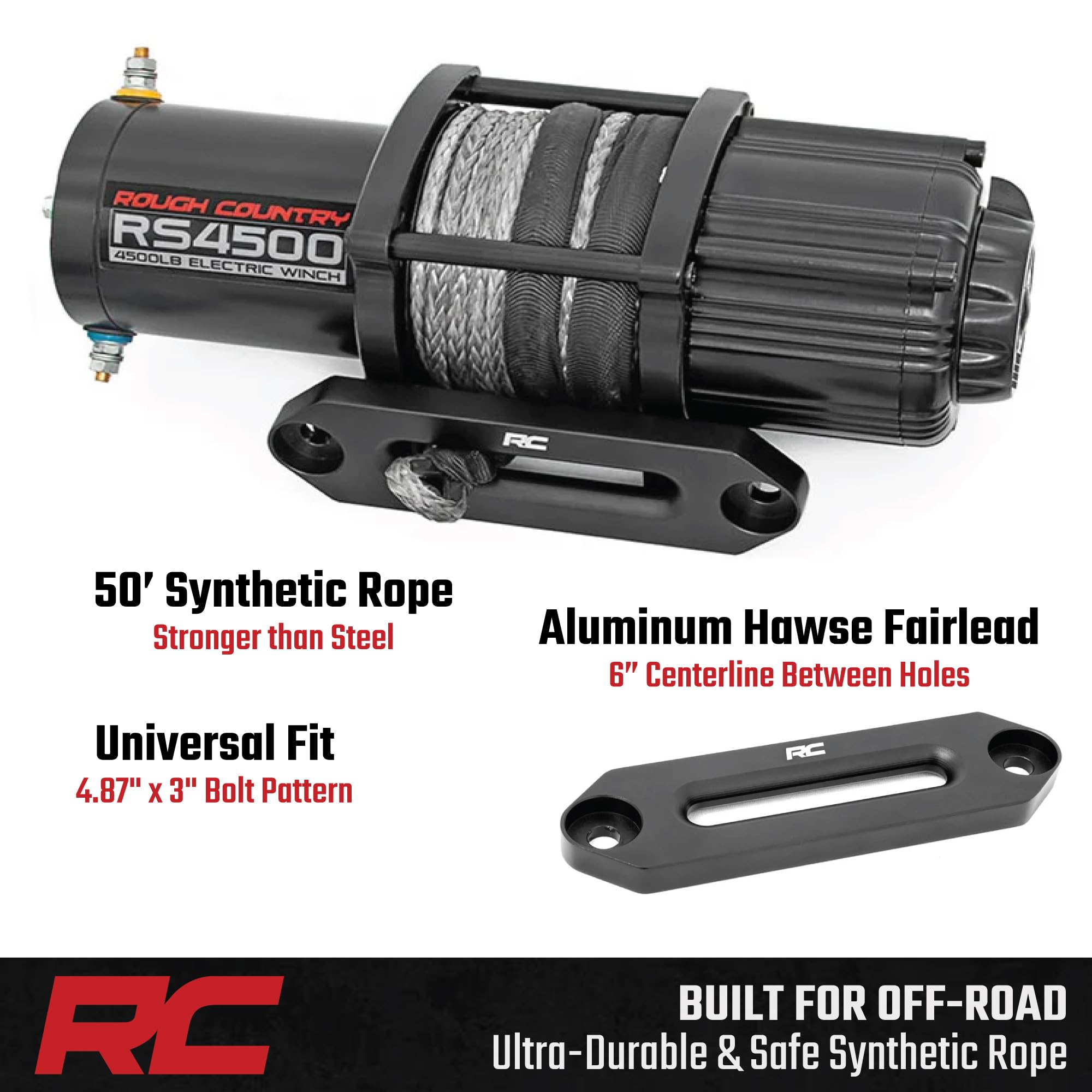 4,500 LB Rough Country UTV/ATV Winch - ProSeries 1.4HP Electric Winch with 50 Ft Synthetic Rope, Remote, Waterproof 12V Off-Road Recovery System