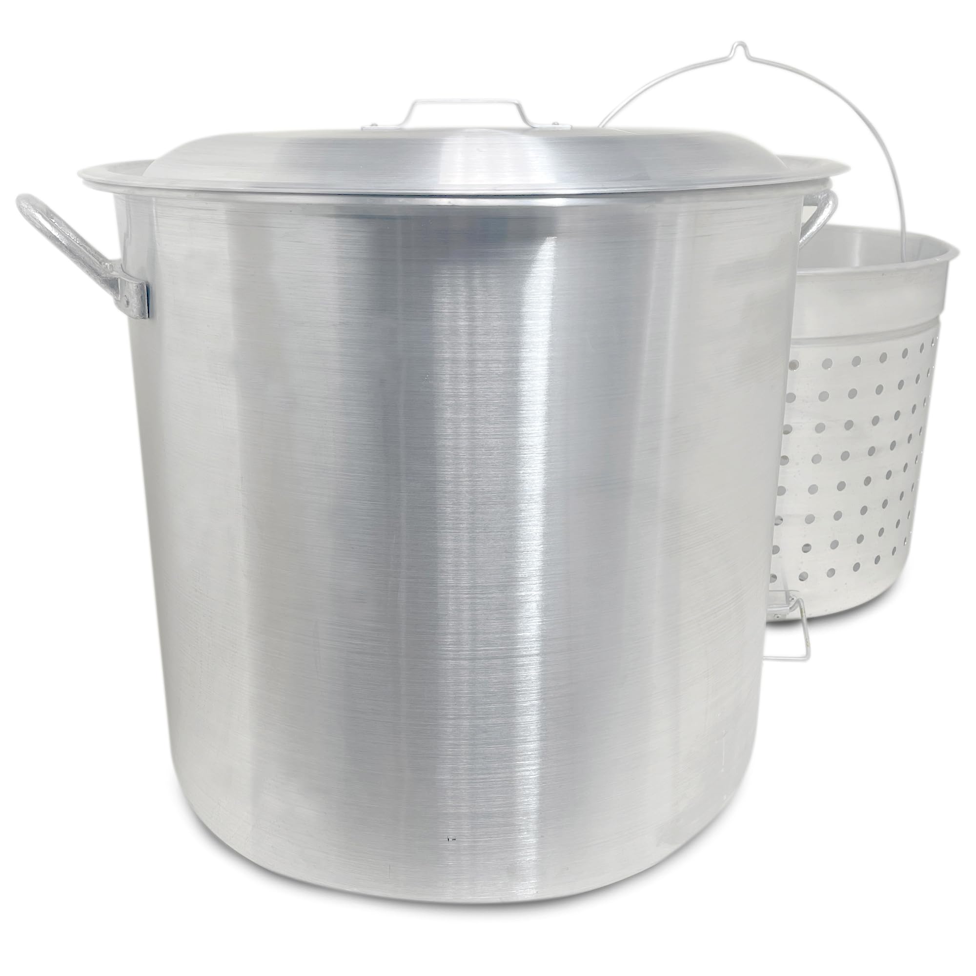 1600 Bayou Classic Handcrafted 160-qt Aluminum Bayou Boiler Features Heavy-Duty Riveted Handles Reinforced Boiling Basket w/Helper Handle Made w/Heavy Gauge Aluminum