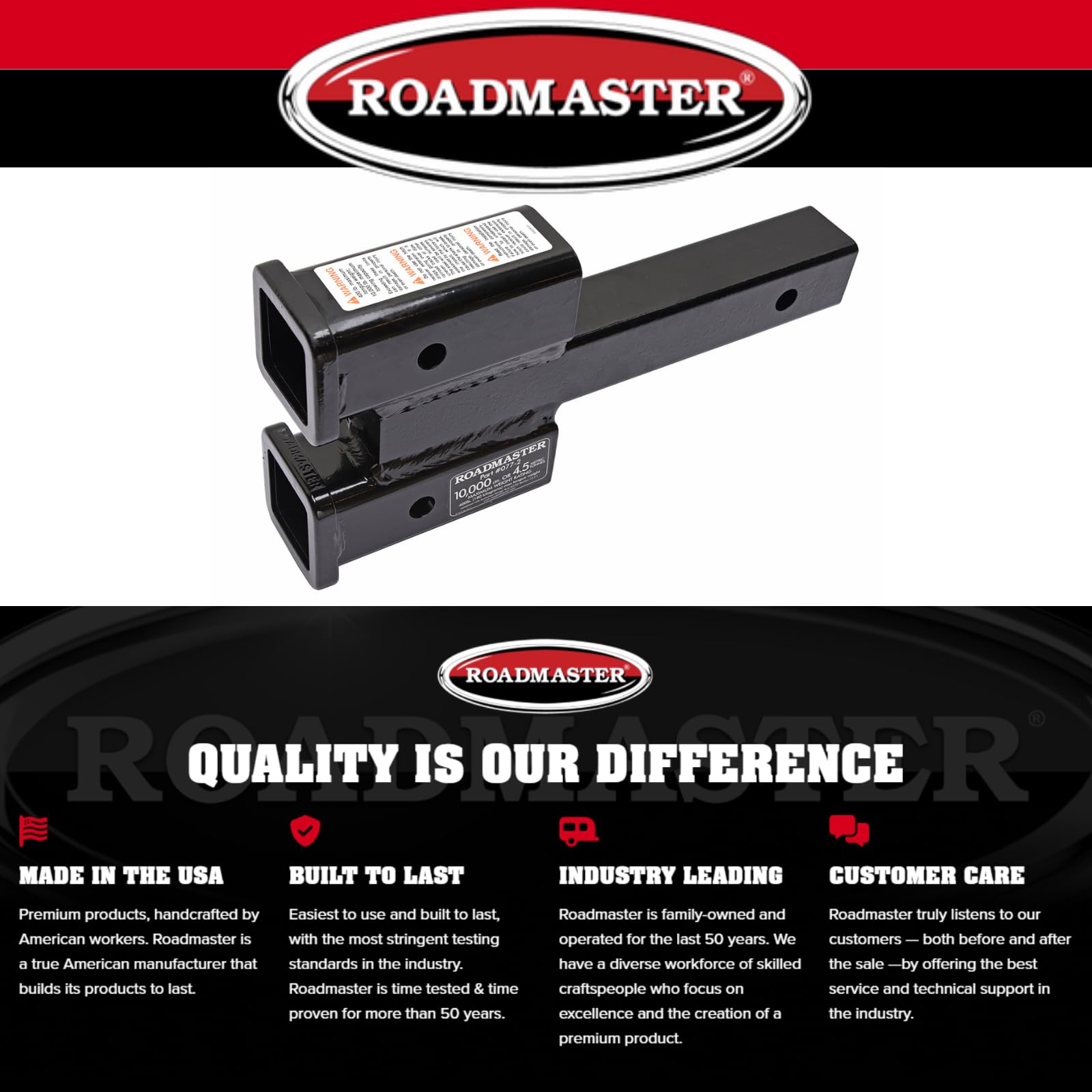 Dual Receiver Hitches Roadmaster 077-2 with 2" Top and Bottom Offset fits 2" Receiver Hitch | 10,000 lbs Towing Capacity | 400 lbs Max Tongue Weight | Durable Powder Coat Finish | Made in The USA