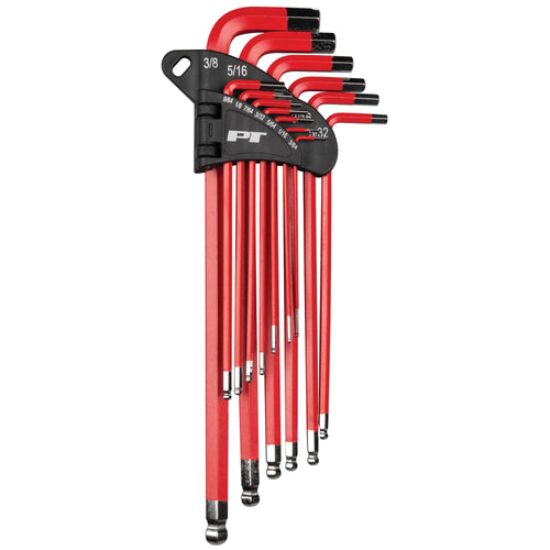 W80202 Performance Tool 13 Pc. SAE Long Arm Hex Key Set - Ball End for Angled Use, Powder-Coated, Storage Rail, Laser-Etched, Red