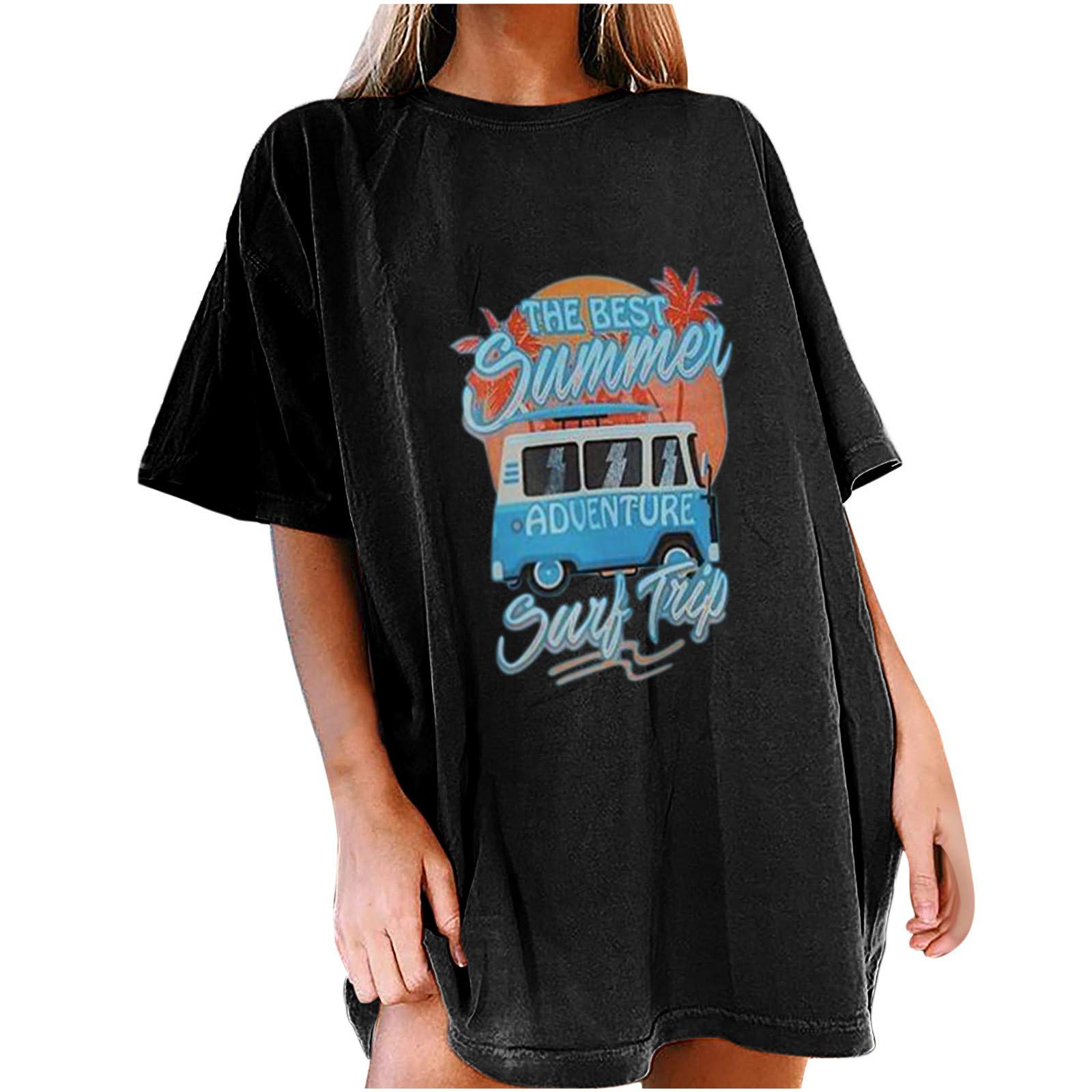 Shirts for Women VJGOAL Car Print Short Sleeve Blouse Casual Loose Retro Hoodies Round Neck Pullover Tunic Shoulder Tee Tops Black