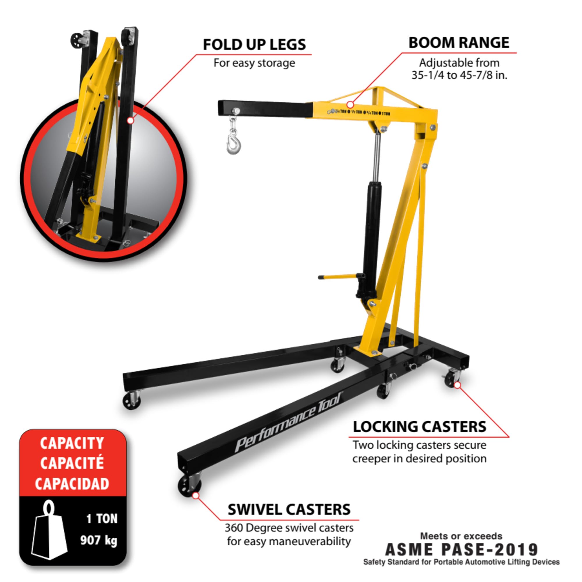 1-Ton Performance Tool W41049 Foldable Shop Crane - Fold-Up Legs, 2,000-Lb. Capacity, Load-Limiting Safety Valve, Yellow