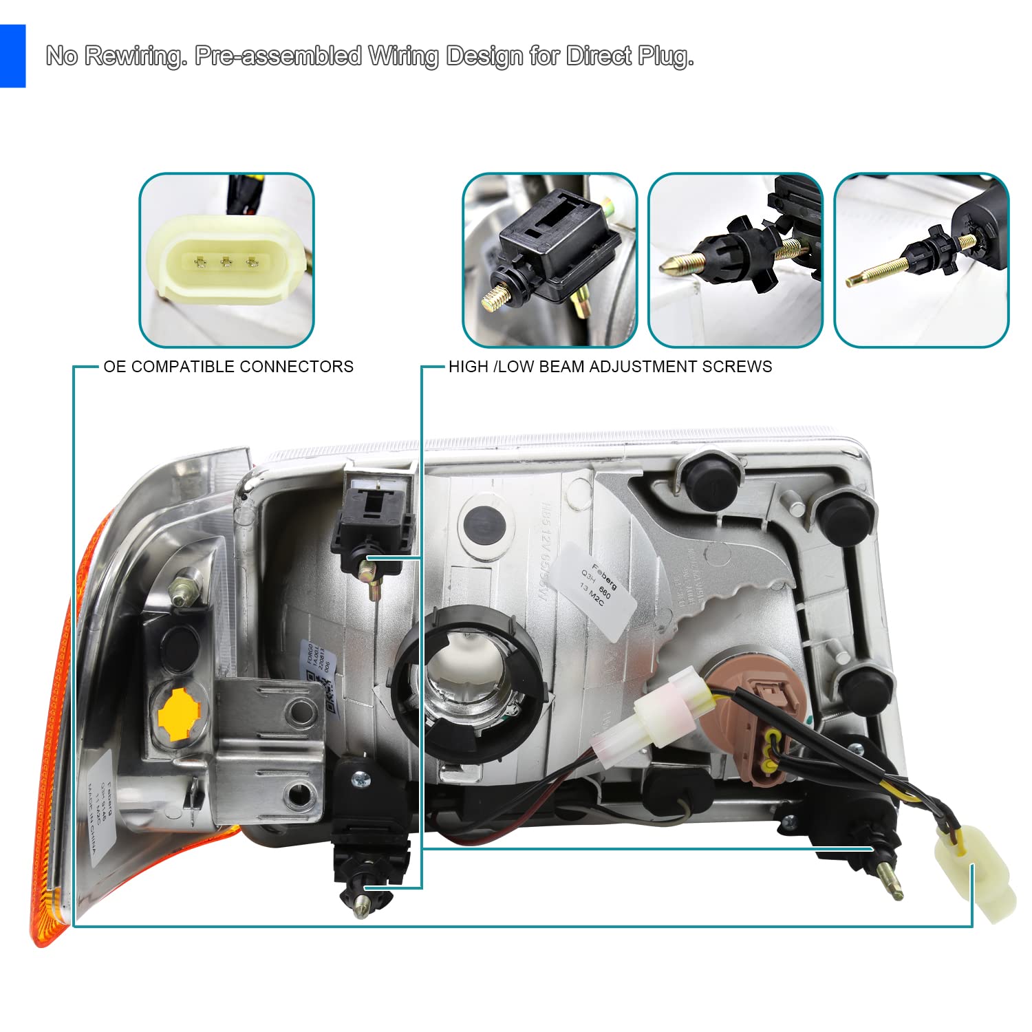 Chrome LED Tube Headlights SPEC-D TUNING Compatible with 2001-2011 Ford Ranger, Left + Right Pair Headlamps Assembly